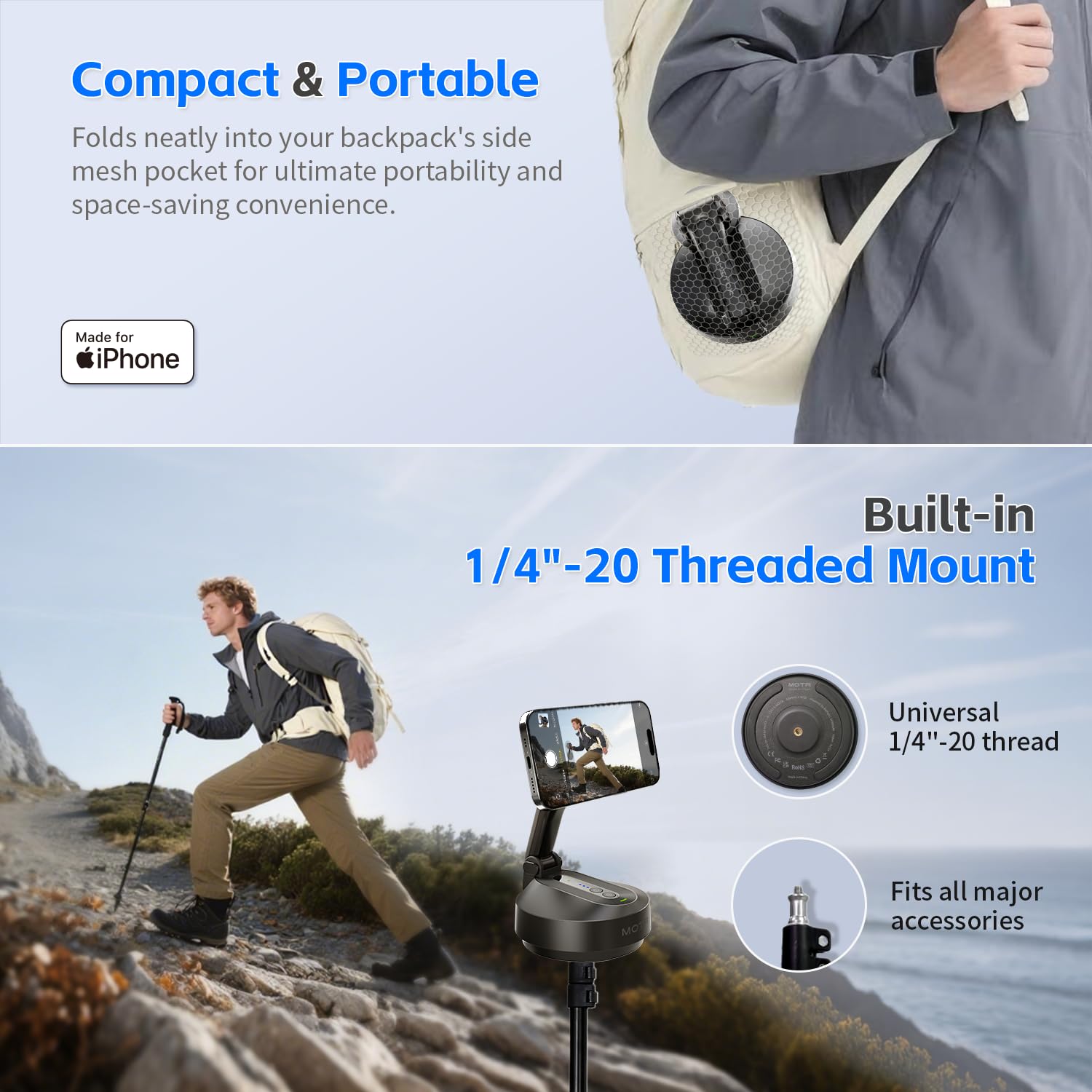 MOTA Gimbal Stabilizer Only for iPhone, [Apple MFi Certified] iPhone Stand for Video Recording with Megnetic Holder for Desk, 360 Degree Auto Tracking Gimbal for Vlog, YouTube and Tiktok