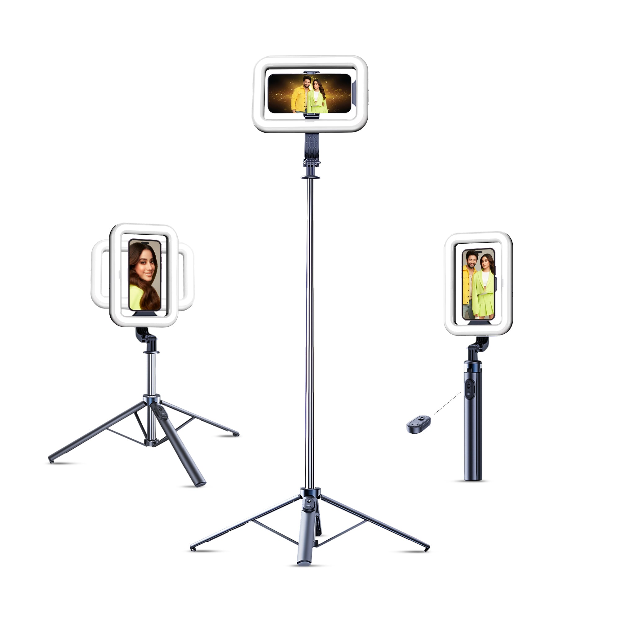 Digitek (DTR 630 SS) Extendable Tripod Selfie Stick with Fill Light, Quadpod Base, Wireless Remote, 5.25ft Max Height, 6-Section Telescopic Rod, 360° Rotation, 1Kg Load, Compatible with Android & iPhone