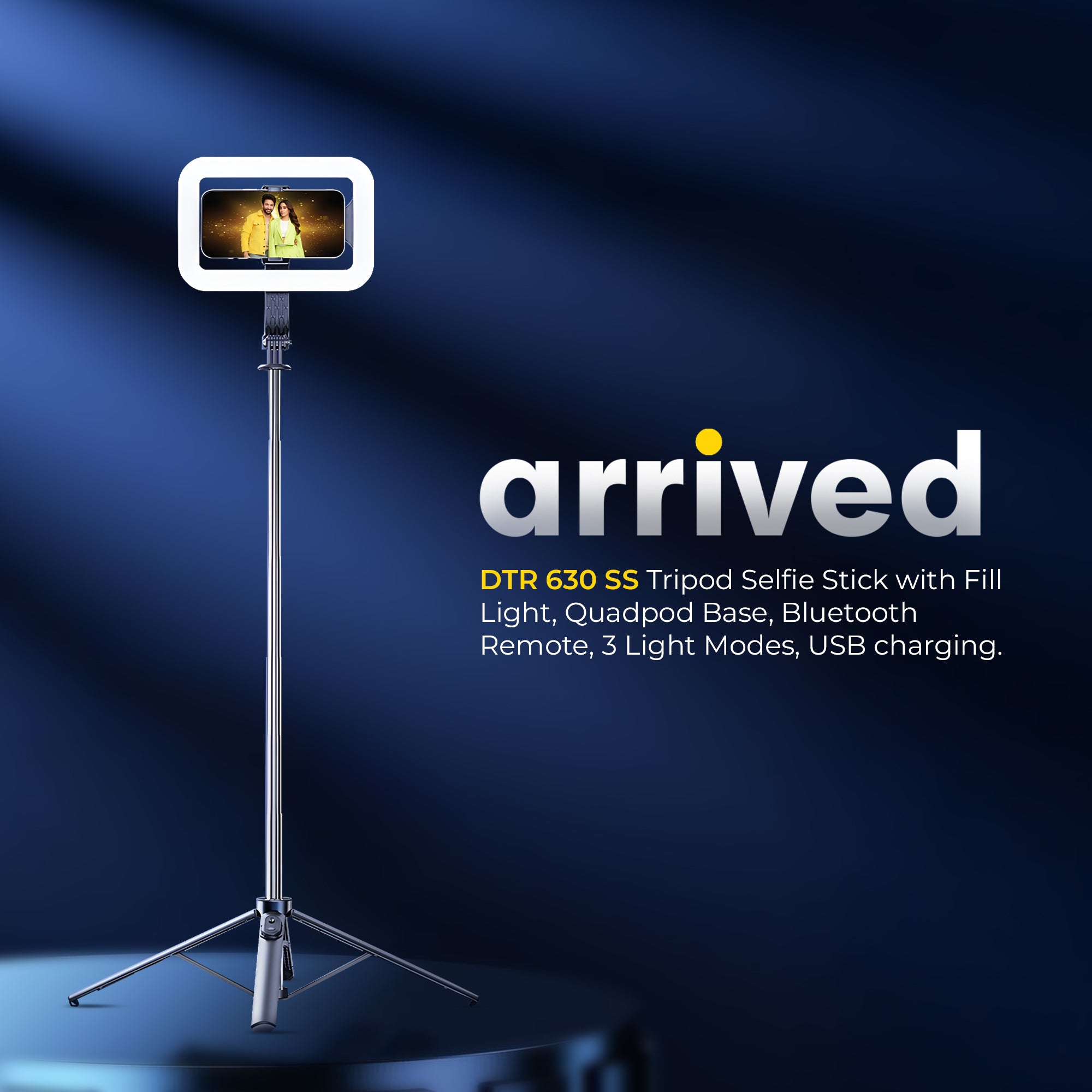 Digitek (DTR 630 SS) Extendable Tripod Selfie Stick with Fill Light, Quadpod Base, Wireless Remote, 5.25ft Max Height, 6-Section Telescopic Rod, 360° Rotation, 1Kg Load, Compatible with Android & iPhone