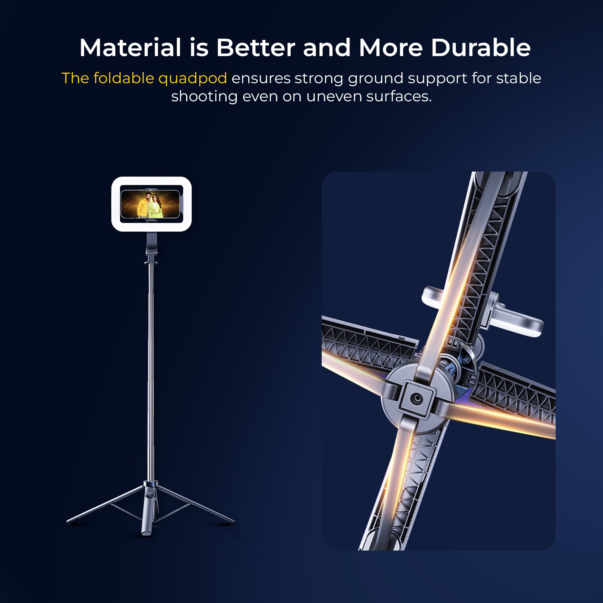 Digitek (DTR 630 SS) Extendable Tripod Selfie Stick with Fill Light, Quadpod Base, Wireless Remote, 5.25ft Max Height, 6-Section Telescopic Rod, 360° Rotation, 1Kg Load, Compatible with Android & iPhone