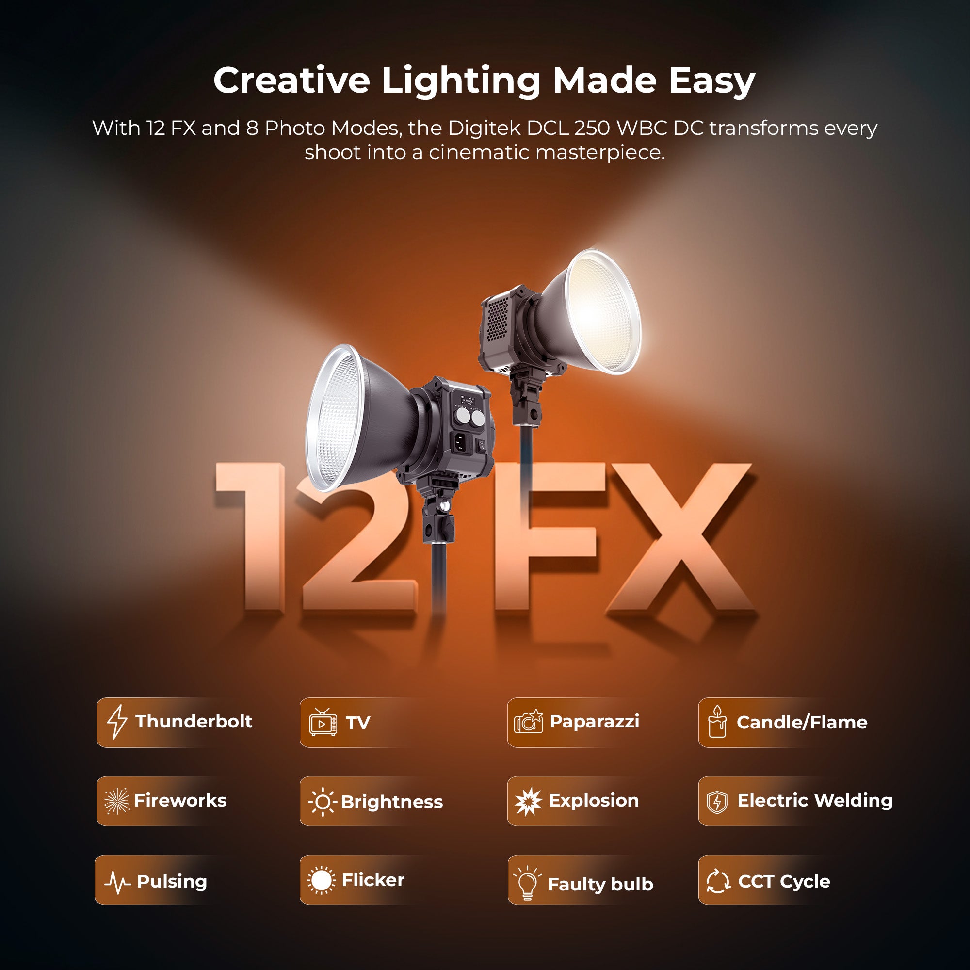 Digitek (DCL 400W Combo) 300W Bi-Color COB LED Continuous Light with Reflector, Remote/App Control, 2700K–6500K CCT, 0–100% Dimming, 18750LM Output, CRI 95, 12 FX Modes, Bowens Mount Studio Light