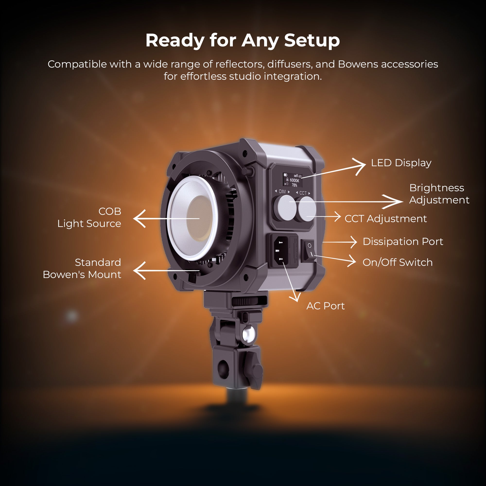 Digitek (DCL 400W Combo) 300W Bi-Color COB LED Continuous Light with Reflector, Remote/App Control, 2700K–6500K CCT, 0–100% Dimming, 18750LM Output, CRI 95, 12 FX Modes, Bowens Mount Studio Light