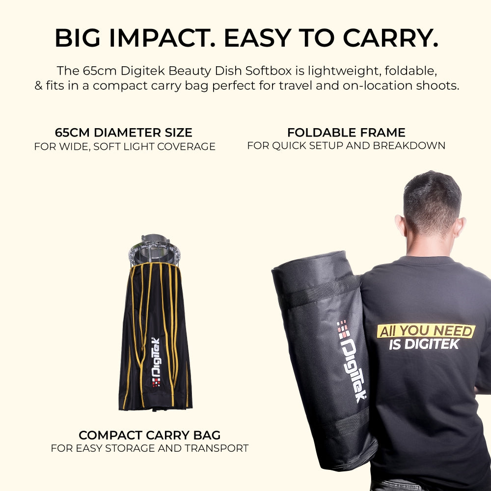 Digitek DBDS-65W 65cm Beauty Dish Softbox (White), Collapsible, Transportable, Lightweight Bowen Mount for Photography & Studio Lighting with Removable Diffuser