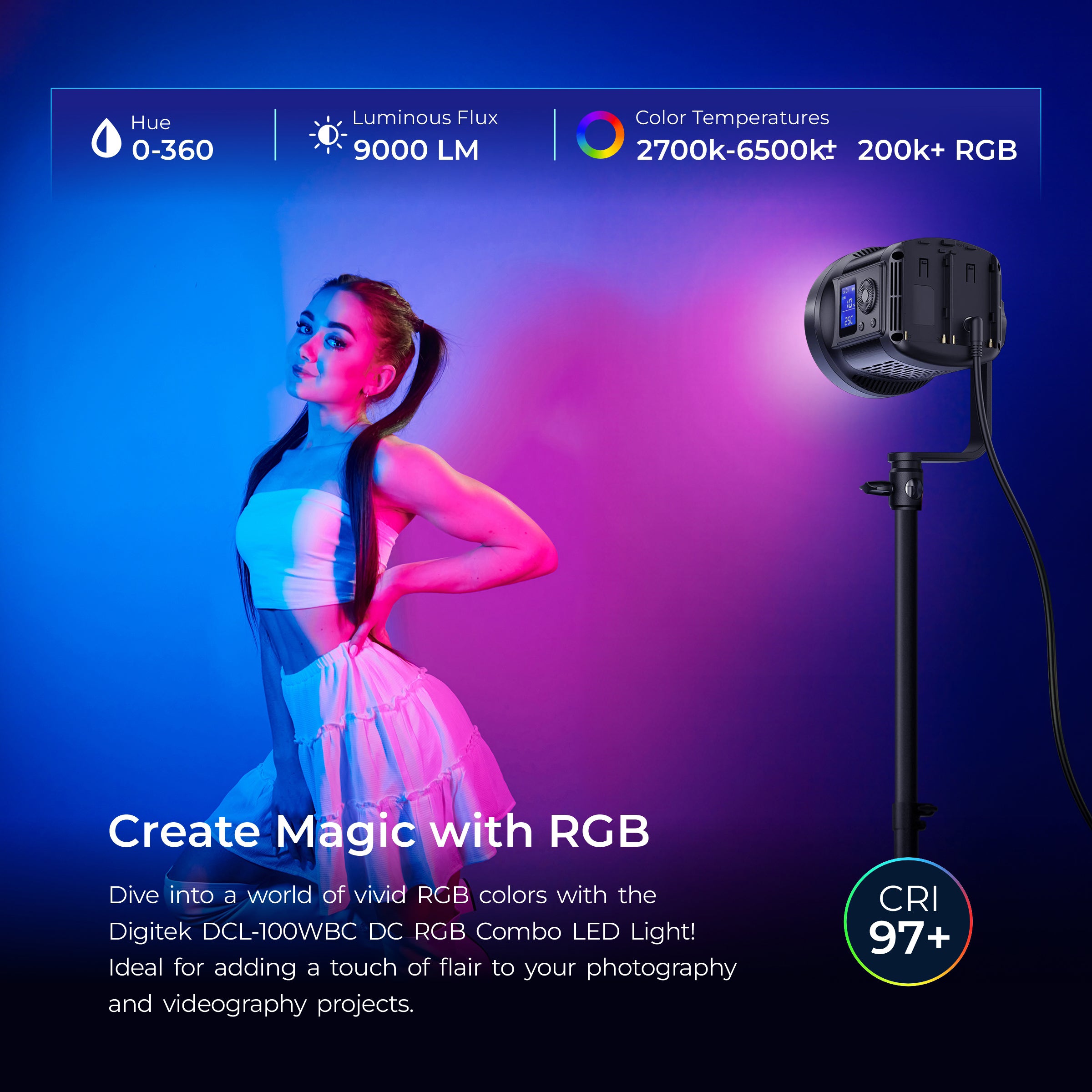 Digitek (DCL-100WBC DC RGB Combo) Light with 18 CM Reflector with AC/DC Support, a Unique Modern Meticulous design for Photographers aesthetic idea. Suitable for all kinds of Professional Photography