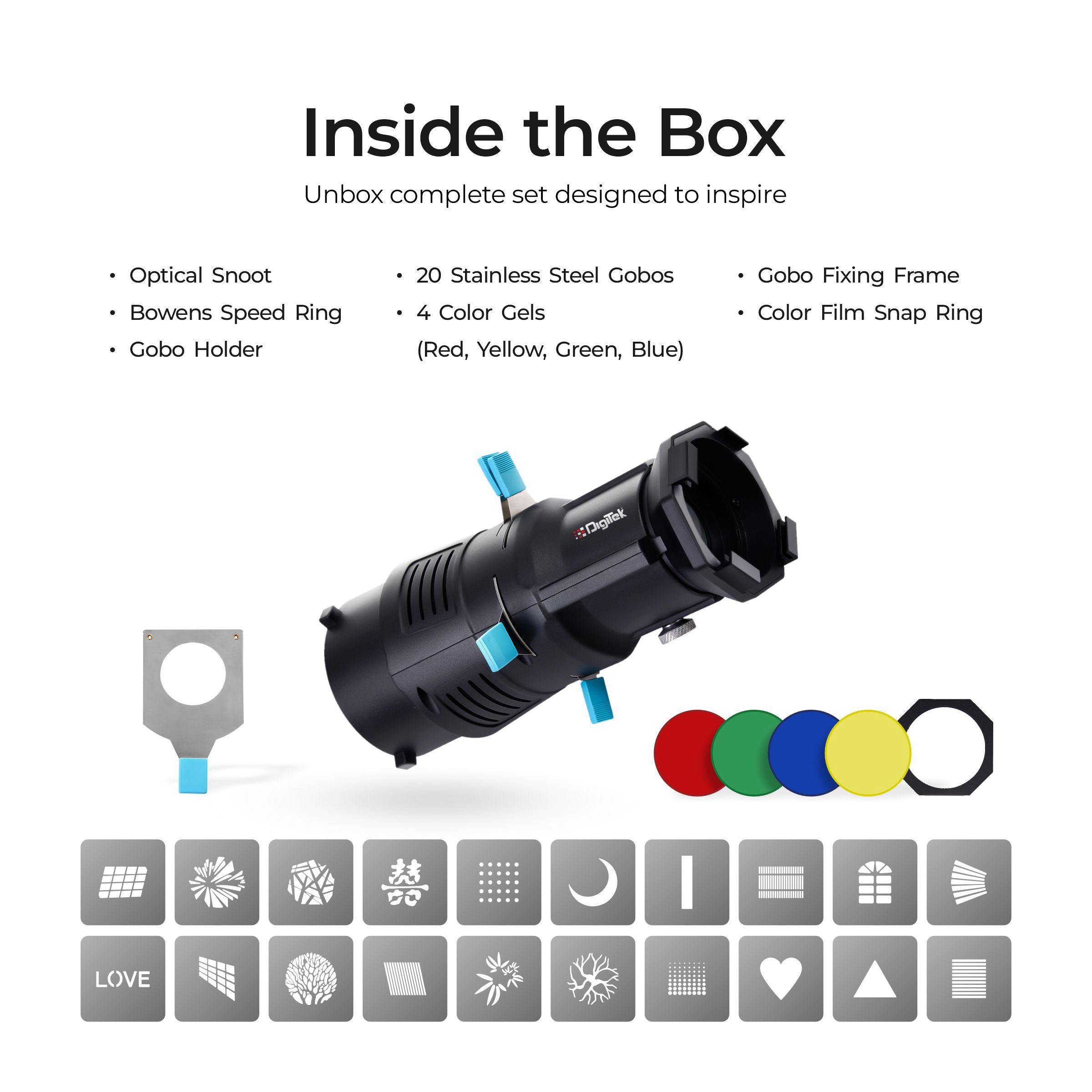 Digitek (DS 220) Bowens Mount Optical Snoot Kit with 20 Stainless Steel GOBOs & 4X Color Gels (Red/Yellow/Green/Blue), Multifunction Focus Ring, Premium Metal Construction