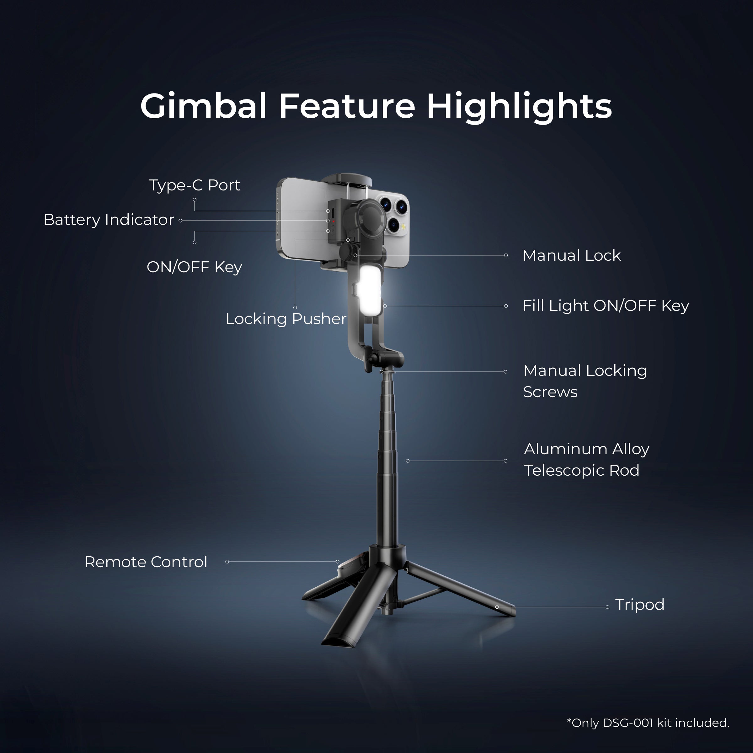 Digitek (DSG 001) Single Axis Foldable Tripod Gimbal with Remote Control Function & Detachable Fill Light - Digitek