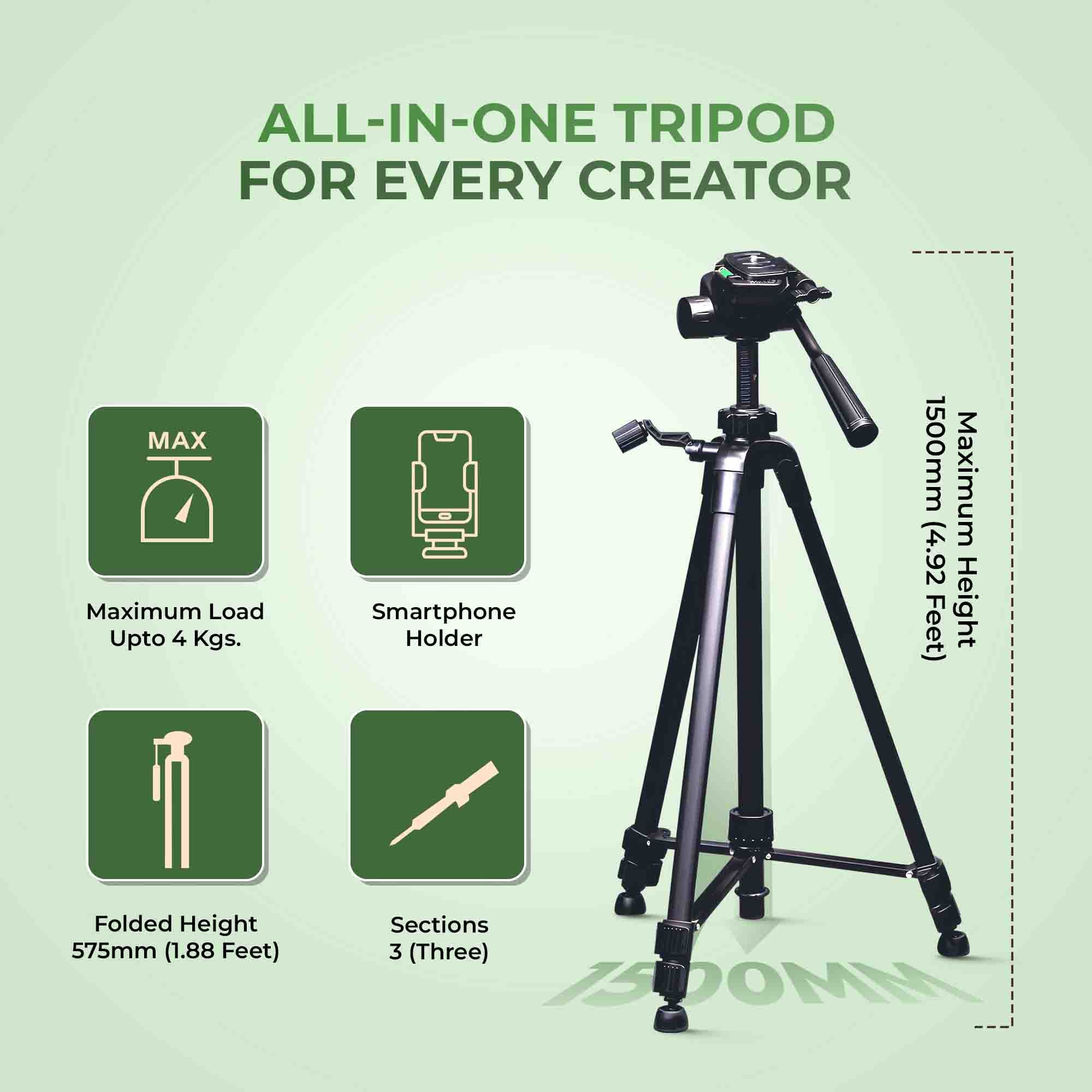 Digitek (DTR-490 LW) Foldable Tripod Stand with Smartphone Holder, Pan Head & Quick Release Plate, 4.92ft Max Height, 4kg Load, Rubberised Legs, 3-Section Adjustable for DSLR & Smartphones