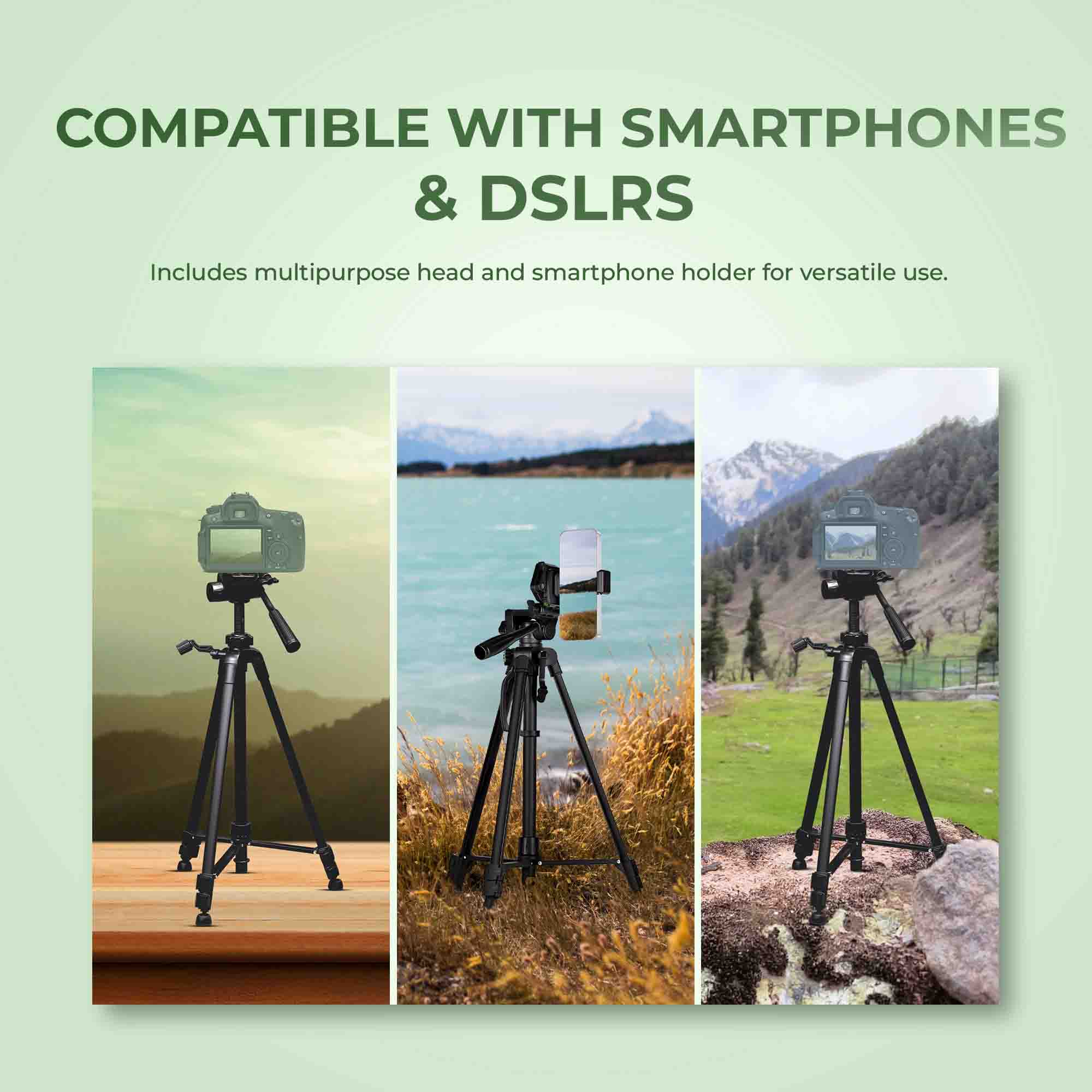 Digitek (DTR-490 LW) Foldable Tripod Stand with Smartphone Holder, Pan Head & Quick Release Plate, 4.92ft Max Height, 4kg Load, Rubberised Legs, 3-Section Adjustable for DSLR & Smartphones
