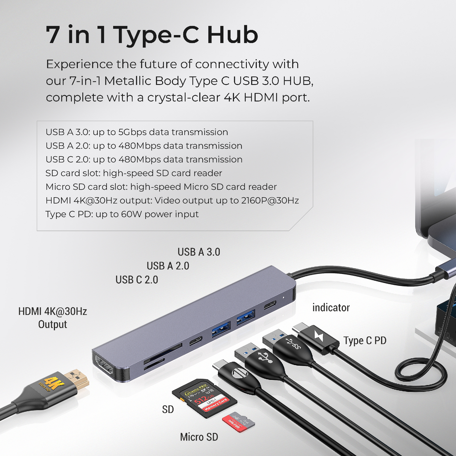 Digitek (DUH-007) 7 in 1 Type C USB HUB with 4K HDMI Port, 60W PD Type C Charging,1 x USB A 3.0 & 1x USB C 2.0 & 1x USB A 2.0 Port, Micro SD & SD Card Slo - Digitek