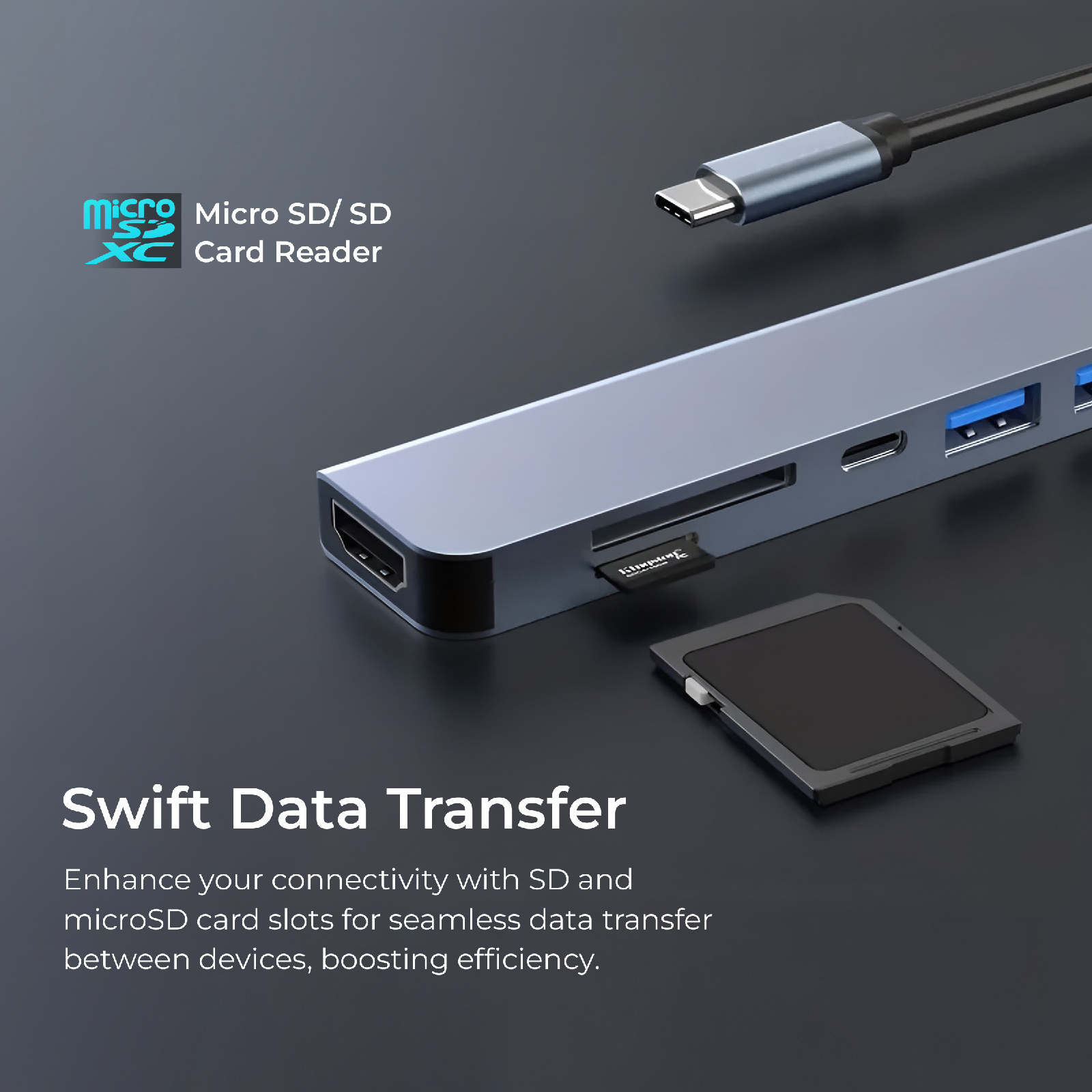 Digitek (DUH-007) 7 in 1 Type C USB HUB with 4K HDMI Port, 60W PD Type C Charging,1 x USB A 3.0 & 1x USB C 2.0 & 1x USB A 2.0 Port, Micro SD & SD Card Slo - Digitek