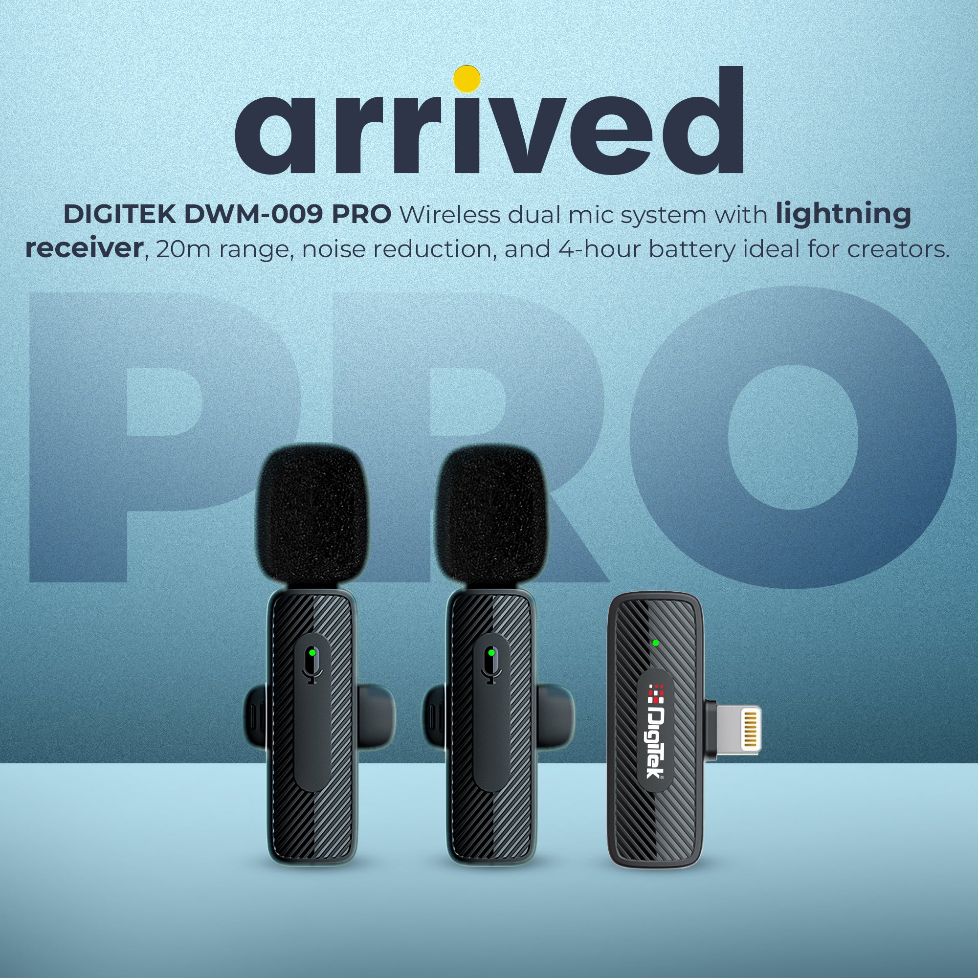 Digitek (DWM-009 PRO) 2.4G 1 Receiver with Lightning Connector & Dual Respondent 2 Microphone, for iPhone X/11/12/13/14 Series