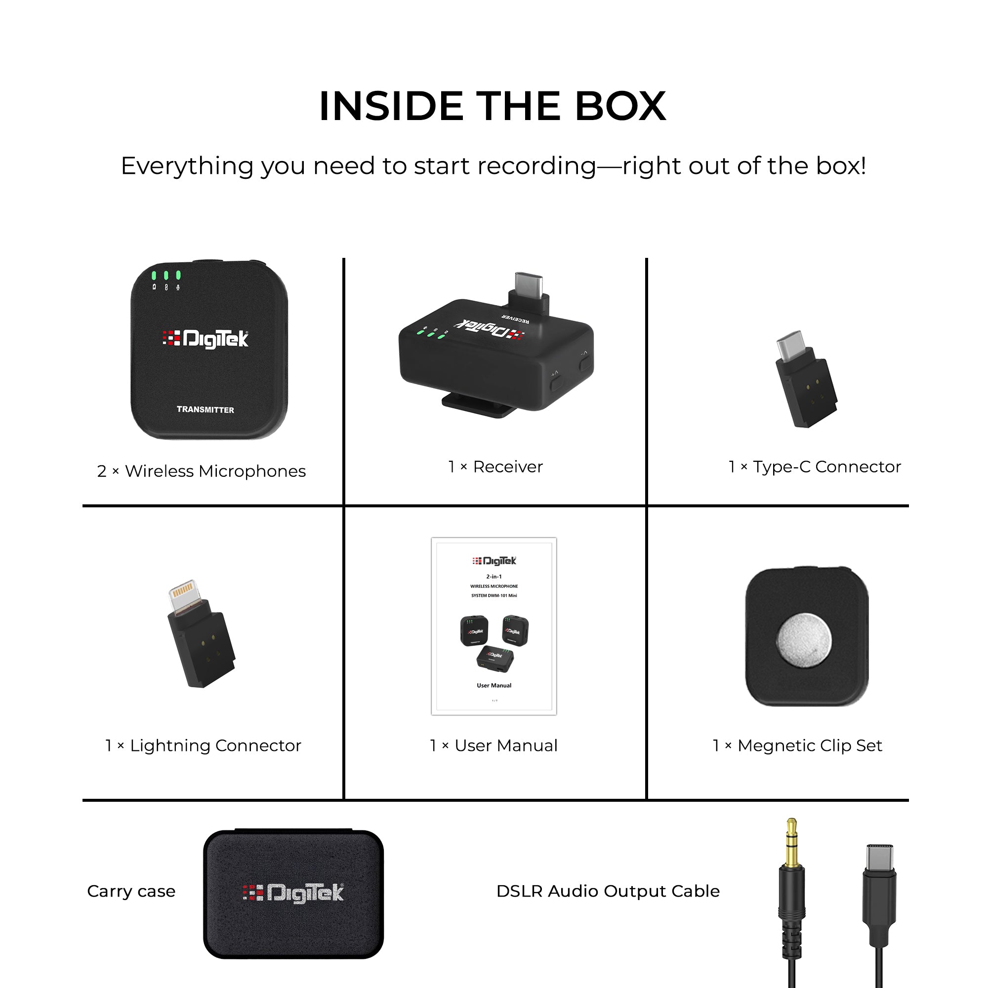 Digitek (DWM 101 Mini) 2-in-1 Wireless Microphone, 2.4G Mic for iOS/Android, DSLR, PC/Laptop, 80m Range, TF Card Recording, 4.5hr Battery,  Real-Time Monitoring, Ideal for Vlogging, Streaming, Meetings