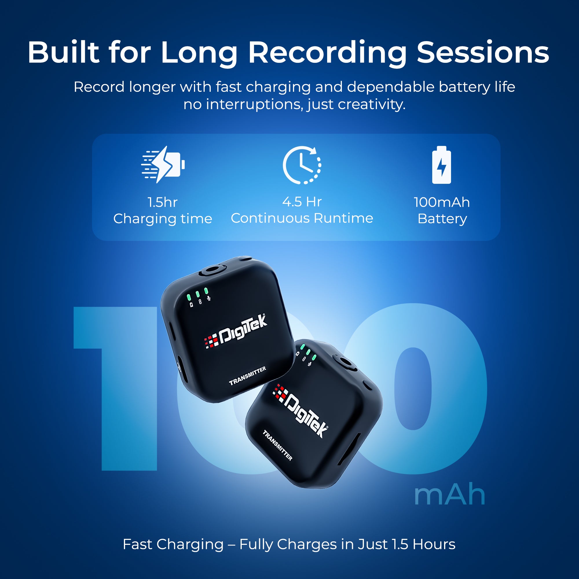 Digitek (DWM 101 Mini) 2-in-1 Wireless Microphone, 2.4G Mic for iOS/Android, DSLR, PC/Laptop, 80m Range, TF Card Recording, 4.5hr Battery,  Real-Time Monitoring, Ideal for Vlogging, Streaming, Meetings