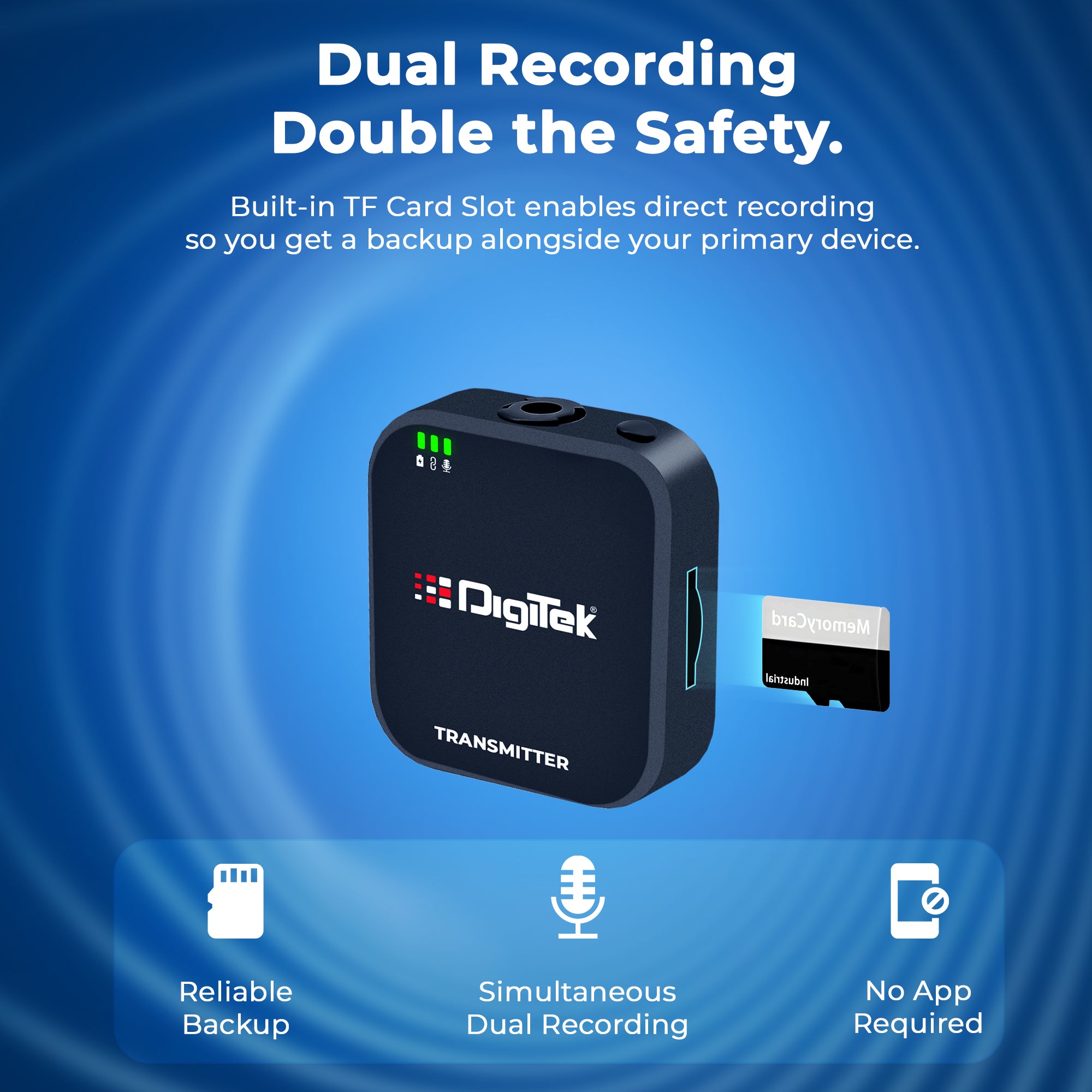 Digitek (DWM 101 Mini) 2-in-1 Wireless Microphone, 2.4G Mic for iOS/Android, DSLR, PC/Laptop, 80m Range, TF Card Recording, 4.5hr Battery,  Real-Time Monitoring, Ideal for Vlogging, Streaming, Meetings