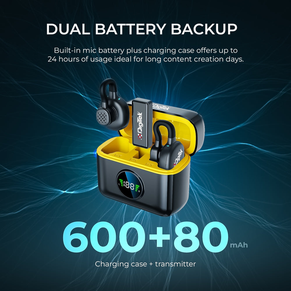 Digitek (DWM 119) 2-in-1 Wireless Microphone,  2.4G Mic with 30m Range, 6Hr Battery, Noise Cancellation & Power Indicator, for iPhone & Android Smartphones, Ideal for Vlogging, Live Streaming & Interviews