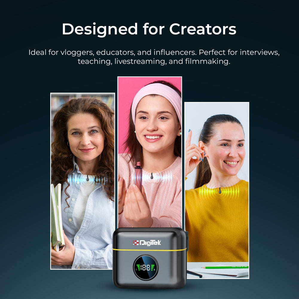 Digitek (DWM 119) 2-in-1 Wireless Microphone,  2.4G Mic with 30m Range, 6Hr Battery, Noise Cancellation & Power Indicator, for iPhone & Android Smartphones, Ideal for Vlogging, Live Streaming & Interviews