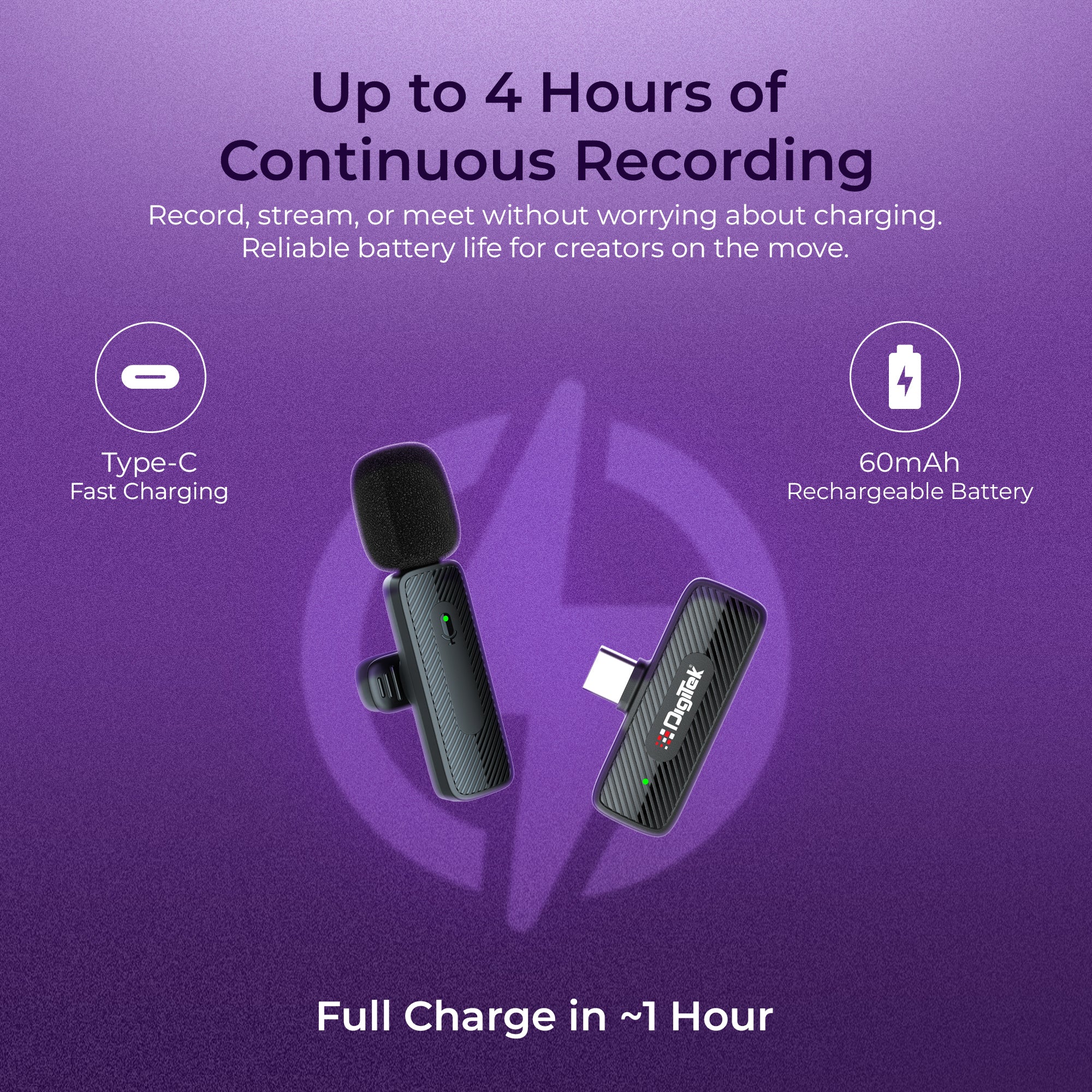 Digitek® (DWM-006 PRO) Wireless Microphone & Receiver with Type-C Connector, 2.4GHz Frequency, 4Hr Battery, 20m Range, For Android Phone & Type-C Devices, Ideal for Voice Recording & Live Streaming