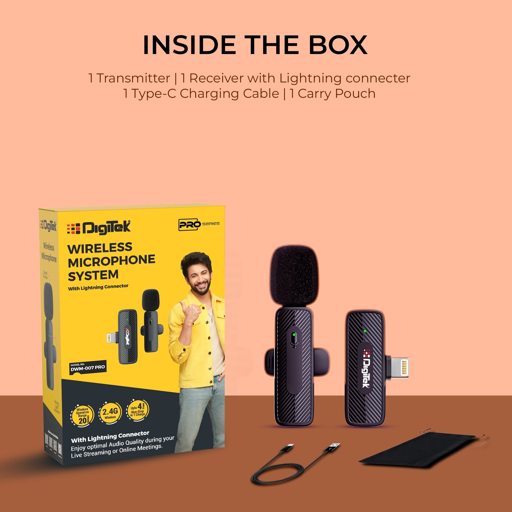 Digitek® (DWM-007 PRO) Wireless Microphone & Receiver with Lightning Connector, 2.4GHz Frequency, 4Hr Battery, 20m Range, Compatible with iPhone & iPad, For Voice Recording, Interview & Live Streaming, for iPhone X/11/12/13/14 Series