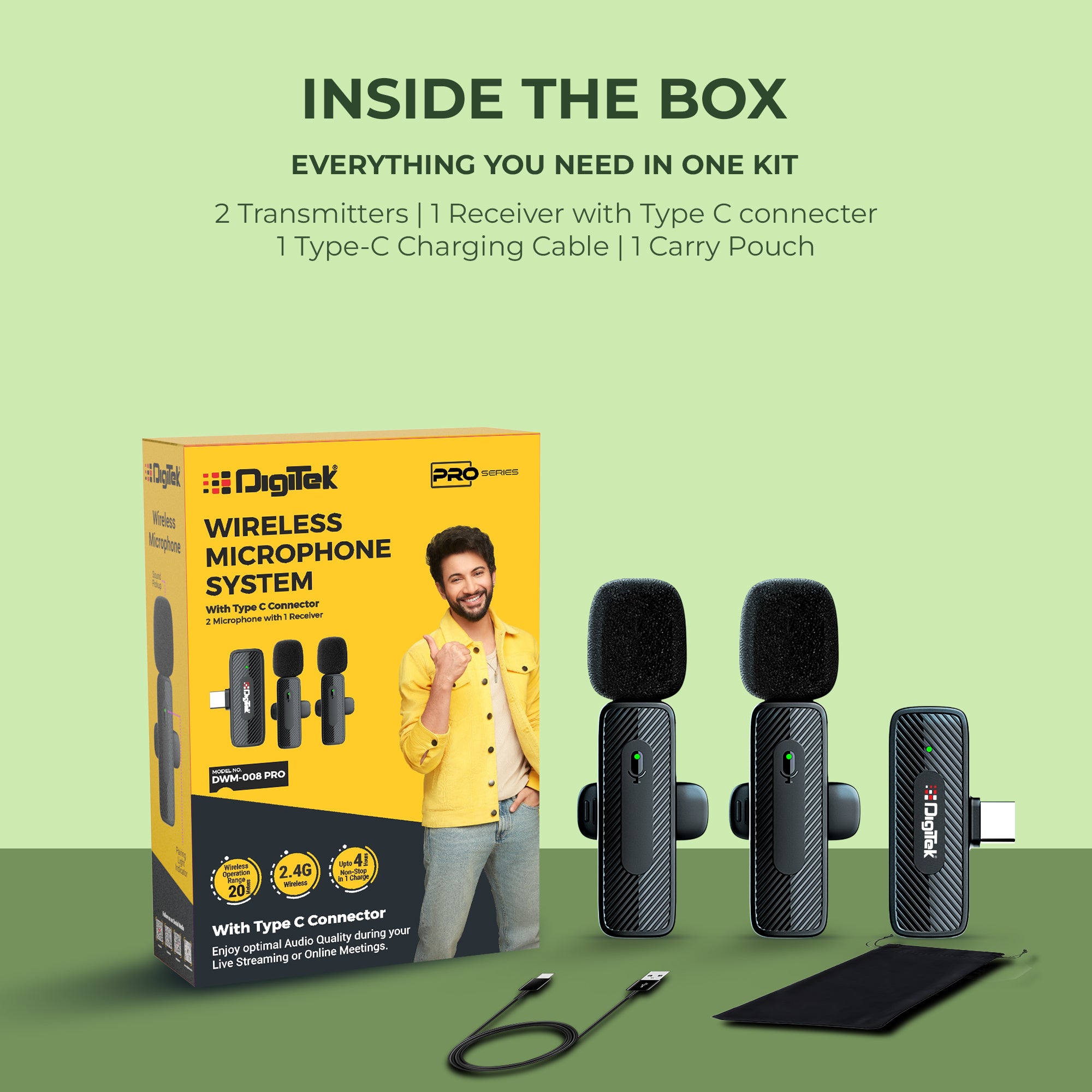 Digitek® (DWM-008 PRO) Wireless Microphone & Receiver with Type-C Connector, 2x Mic System, 2.4GHz Frequency, 4Hr Battery, 20m Range, For Android Devices, Ideal for Voice Recording, & Live Streaming