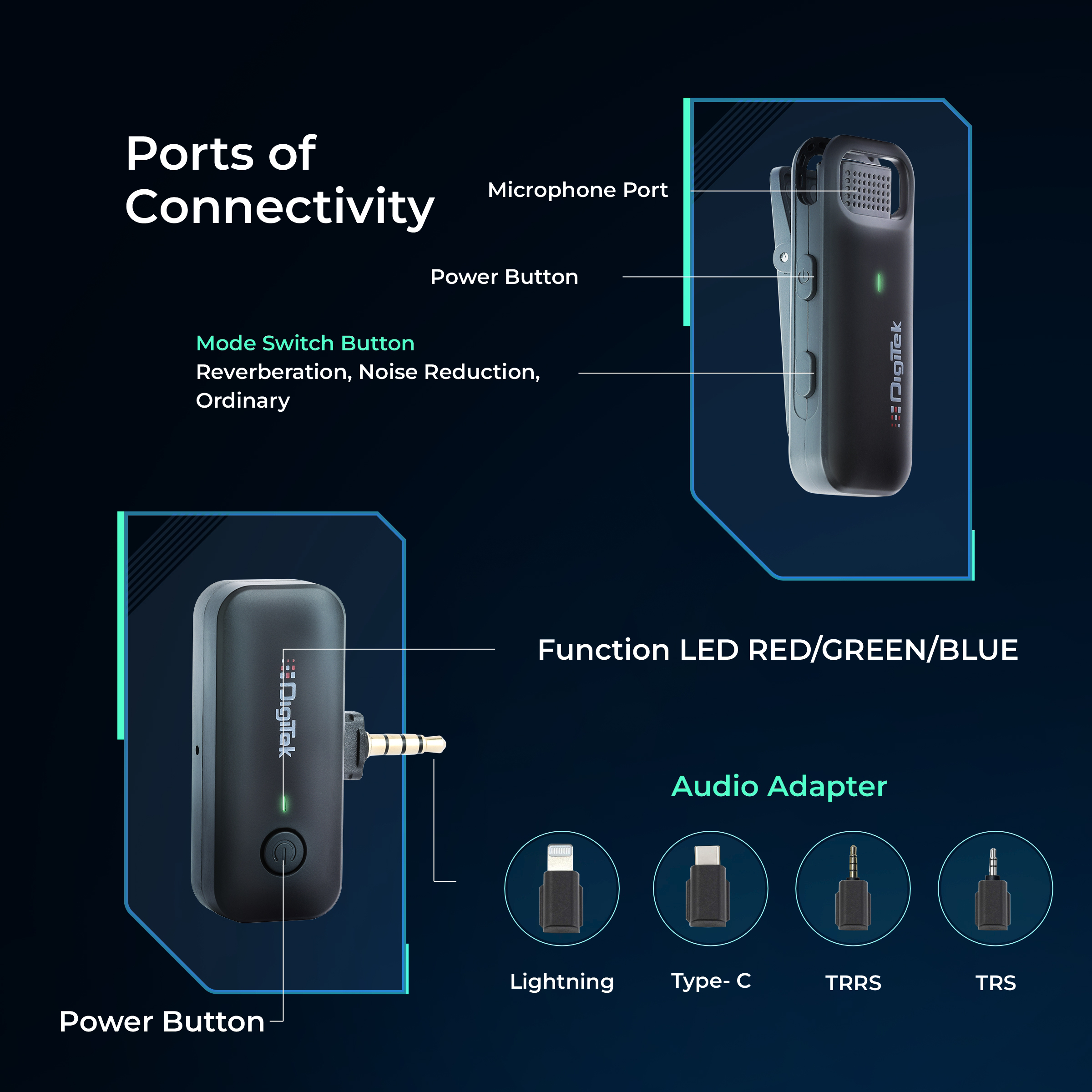 Digitek DWM-106 2-in-1 Wireless Microphone System with Type C & Lightning Connector and 1000mAh Battery Capacity to Charge Receiver & Transmitter for for DSLR Camera, Android & iOS Smartphones - Digitek