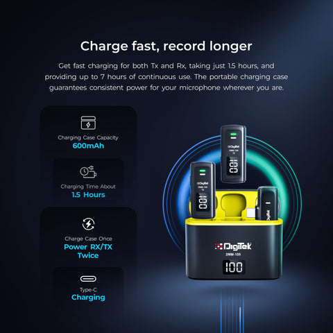 Digitek® DWM-109 2-in-1 Wireless Microphone System, 50m Range, 7Hr Battery, Type-C to Lightning Converter, 2.4GHz, Noise Reduction, for Android, iPhone & Cameras, Record Meeting, Interviews & More