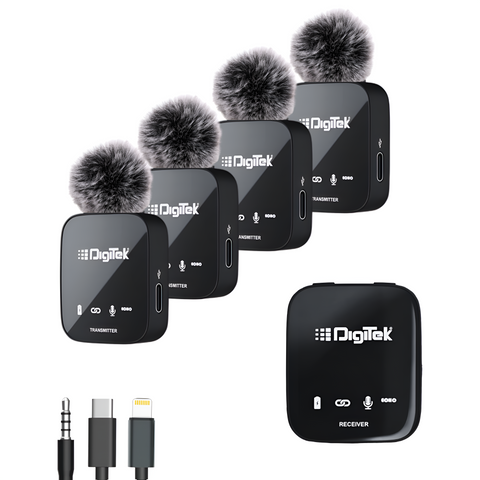 Digitek® (DWM-111) 4 Channel Wireless Microphone System, 360° Ultra Voice Capture & 2.4GHz, Plug & Play, 50m Range, Noise Reduction, Use with DSLR, Smartphone & Laptops, for Podcast, Vlog & Videoshoot