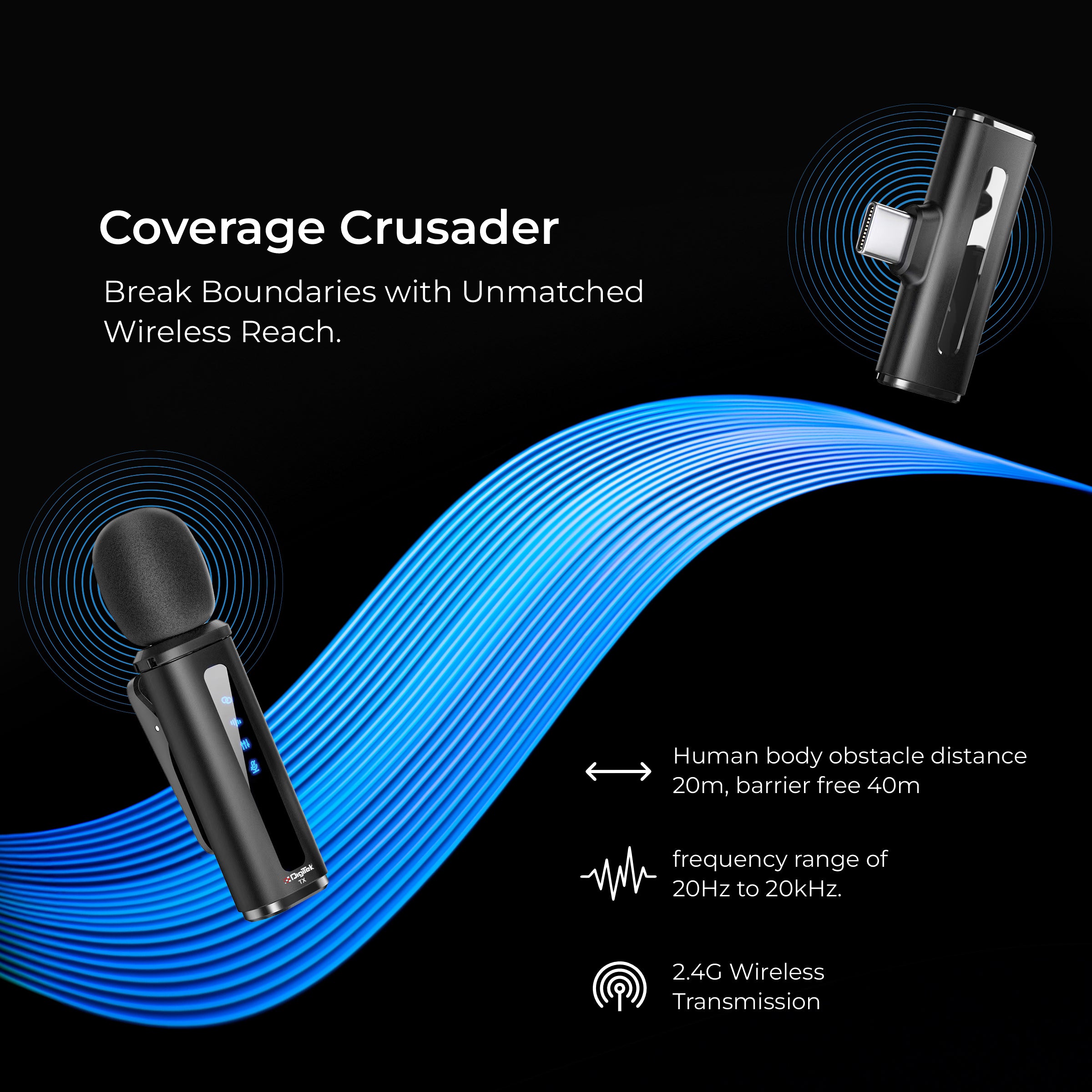 Digitek® (DWM-114) 2-in-1 Wireless Microphone, 2.4GHz, 6.6Hr Battery, Noise Reduction, 40m Range, 360° Sound Capture, Plug n Play, iPhone & Android Compatible, for Video Recording, Interview, Vlogging!