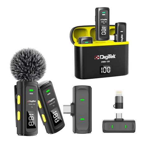 Digitek® DWM-109 2-in-1 Wireless Microphone System, 50m Range, 7Hr Battery, Type-C to Lightning Converter, 2.4GHz, Noise Reduction, for Android, iPhone & Cameras, Record Meeting, Interviews & More