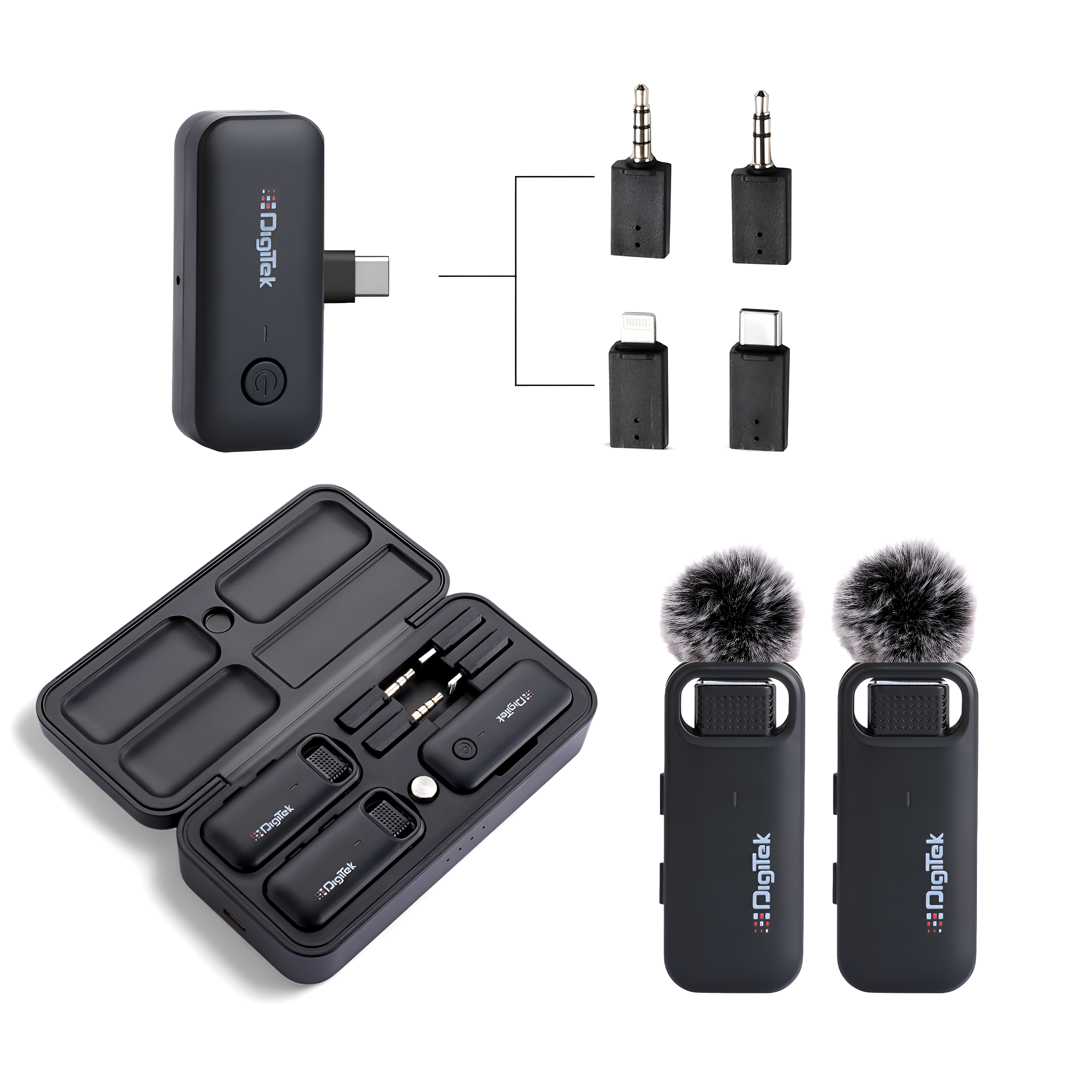 Digitek® (DWM-106) 2-in-1 Wireless Microphone System, 80M Range, Noise Cancellation & Reverberation Mode, 360° Sound Capture, Lightning/Type-C/TRRS/TRS Adapter Support for DSLR/Camcorder/Android & iOS