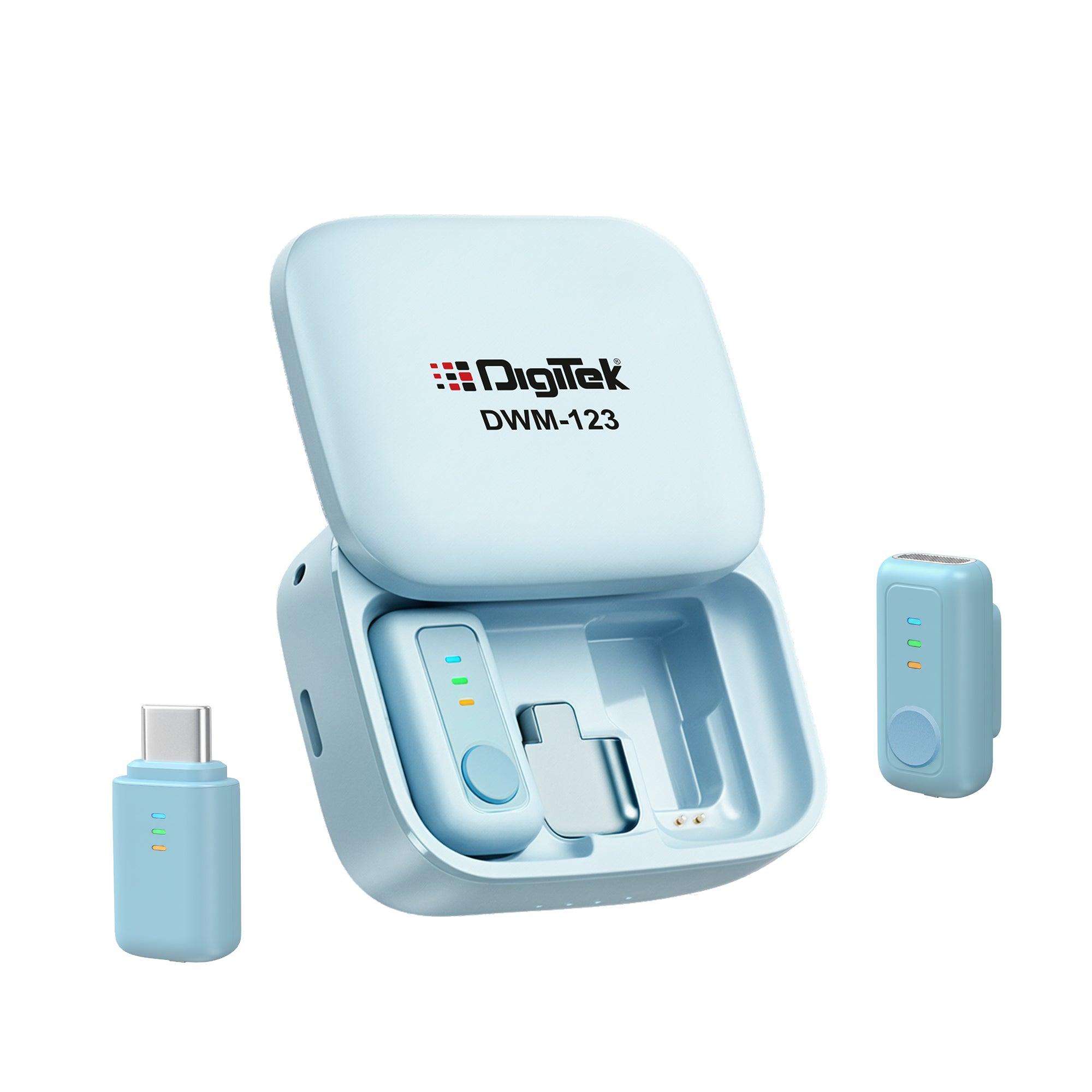 Digitek (DWM 123) 2-in-1 Wireless Microphone System with Charging Case & Magnetic Collar Clip, Type-C Receiver for iPhone 15 & Above, Android Phones, 60m Range, Build in Microphone, For Creators and Vloggers (Blue)