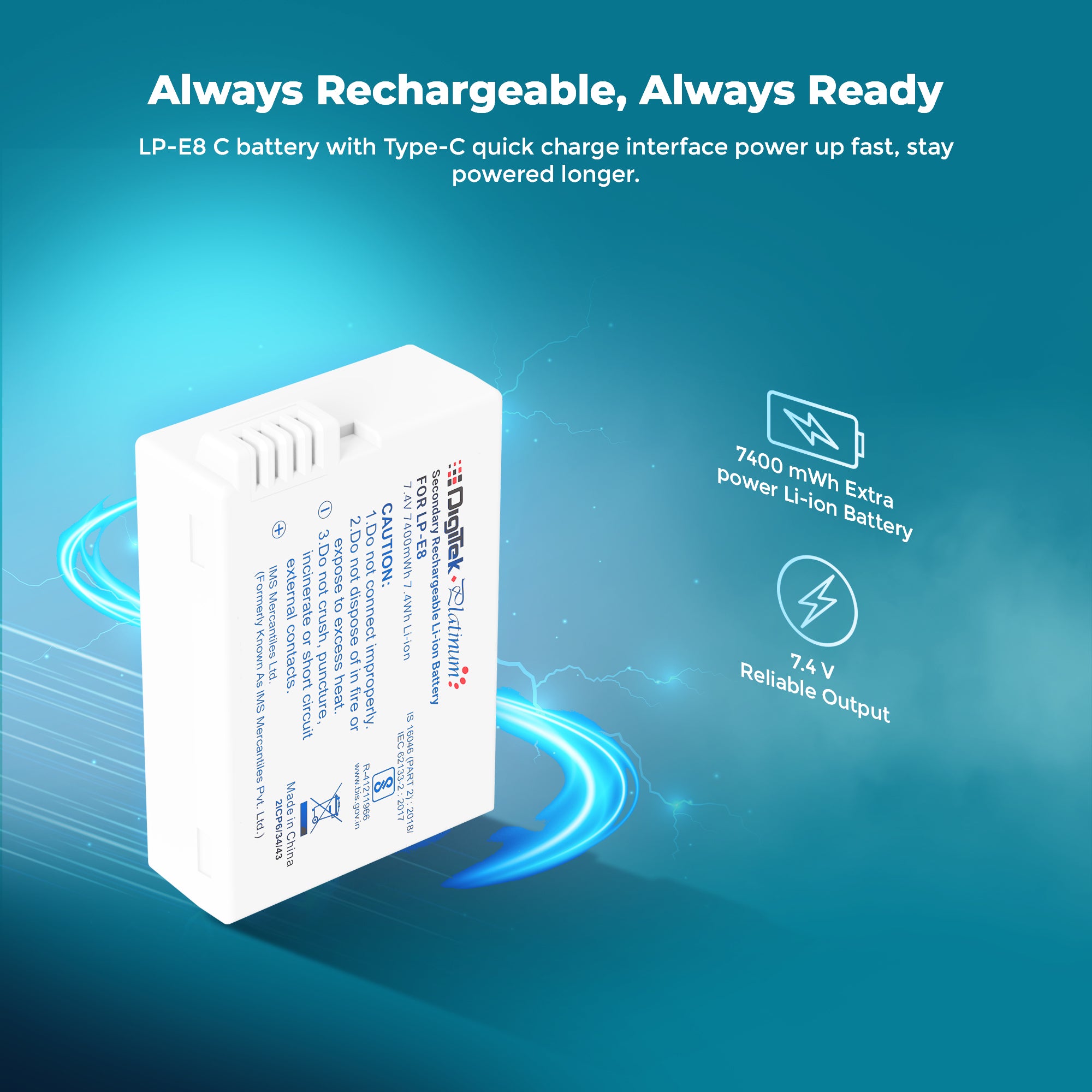 Digitek Platinum (LP-E8 Type C) 1120mAh Li-ion Battery for Canon DSLR Cameras with Type-C Charging Cable, For Canon PowerShot EOS 550D, 600D, 650D, 700D, Kiss X4–X7i, and Rebel T2i–T5i