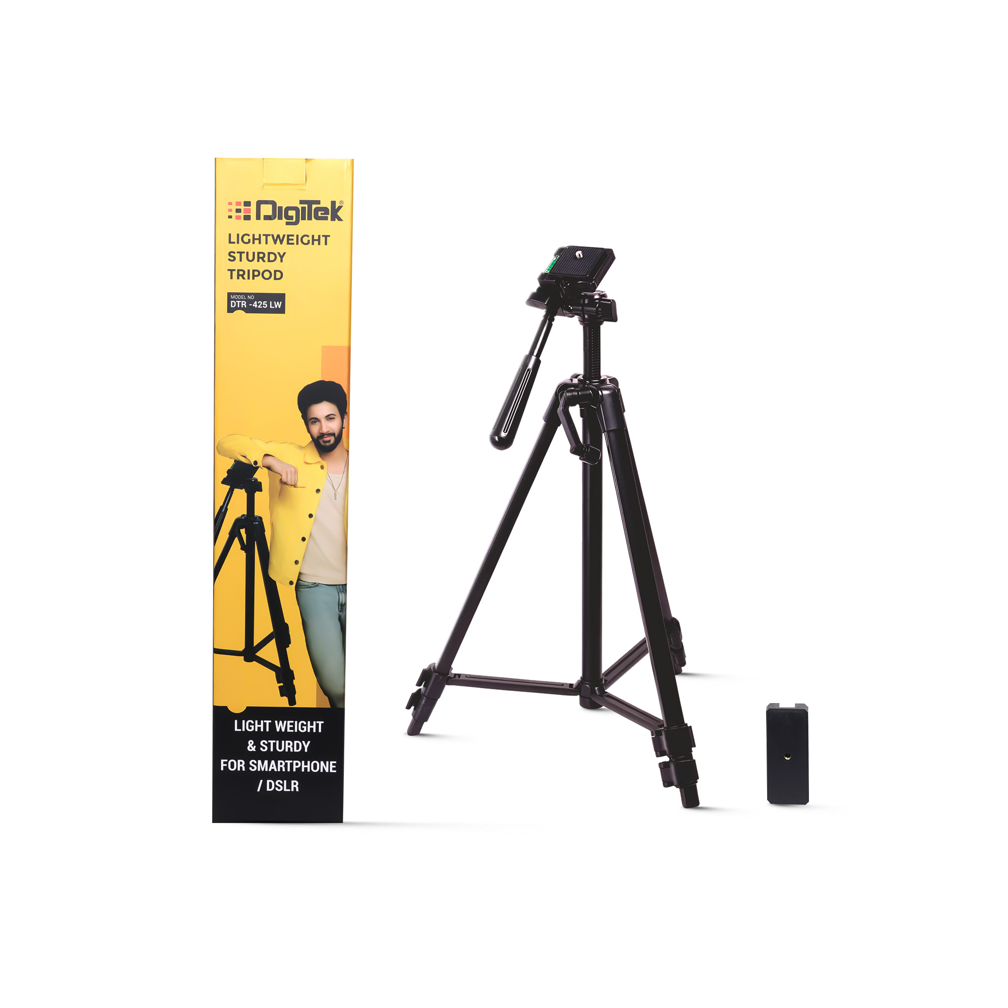 Digitek (DTR-425 LW) Portable Tripod Stand with Smartphone Holder, 4.26ft Height, Pan & Multipurpose Quick Release Head, Rubberised Legs, 3kg Load Capacity, Ideal for DSLR Camera & Mobile Photography
