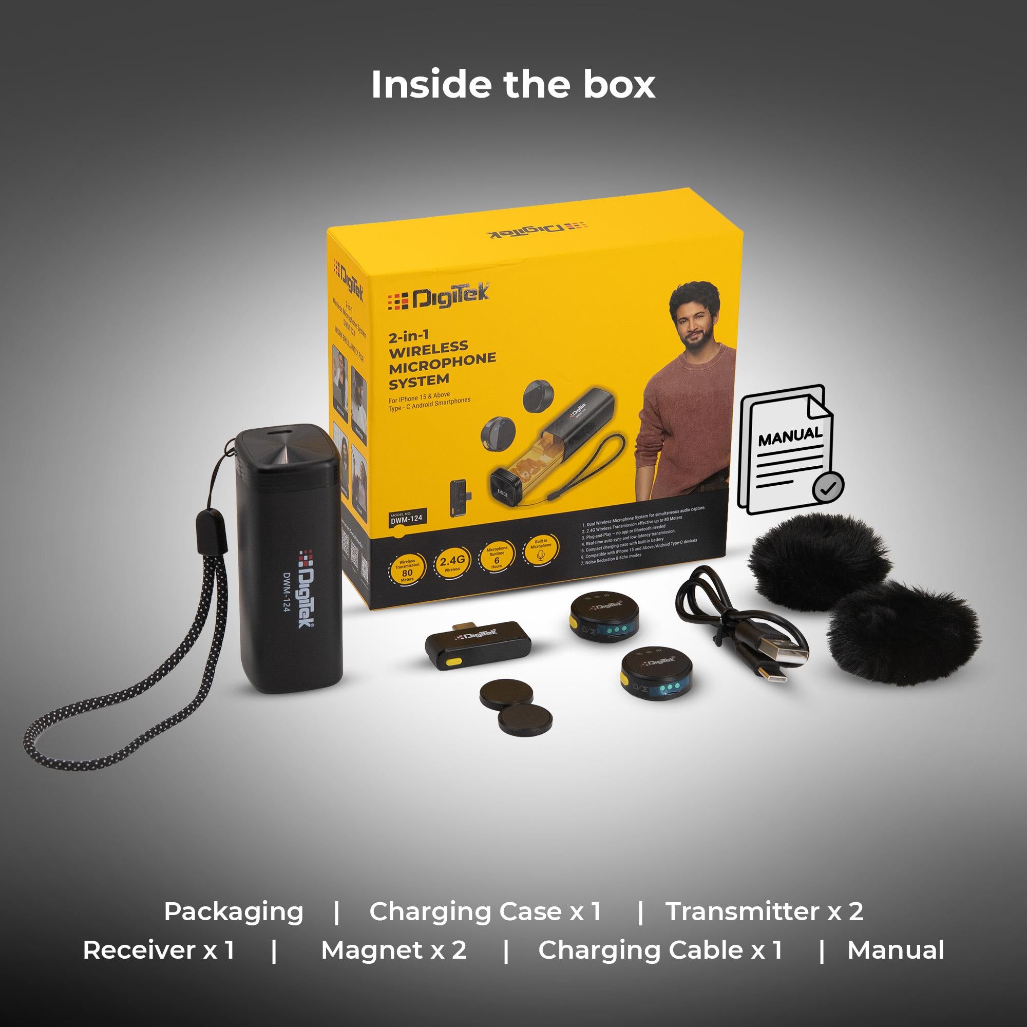 Digitek (DWM-124) 2-in-1 Wireless Microphone System for iPhone 15+ Above & Type-C Android, 80m Range, Noise Reduction & Echo Modes, For Creators & Vloggers