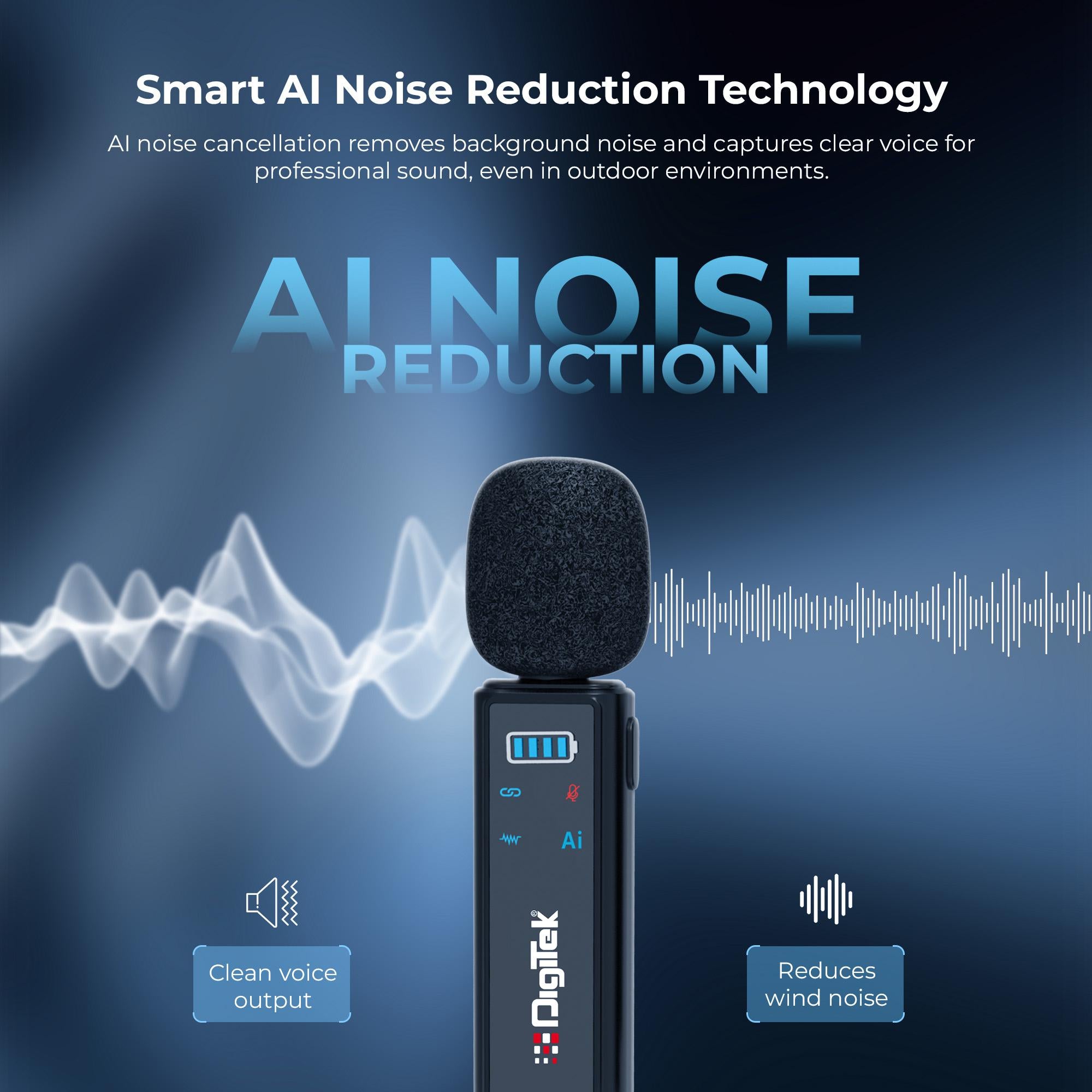 Digitek DWM-021 Wireless Microphone System with AI Noise Cancellation for Android & iPhone