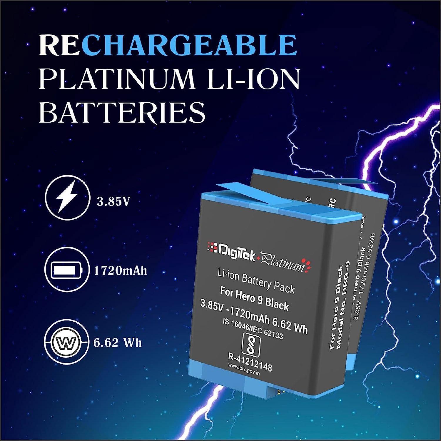 Digitek (DBG-9) Platinum Li-ion Rechargeable Battery Pack for GoPro Hero 9 Black 3.8V 1720mAh 6.62 Wh. DBG-9 - Digitek