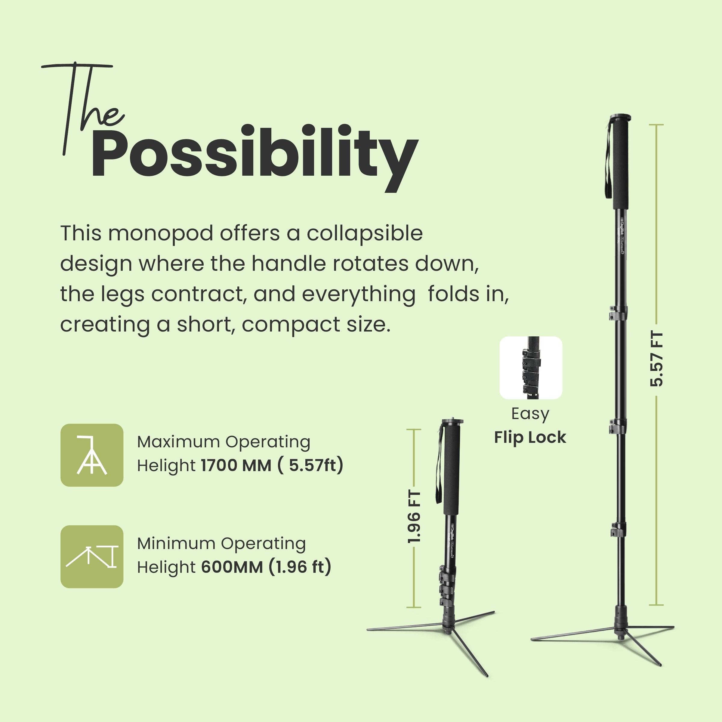 Digitek (DMP 75L) Lightweight Aluminum Telescopic Camera Monopod with Tripod Base for DSLR Video Cameras Maximum Operating Height: 1700MM. Maximum Load Upto: 8 kgs - Digitek