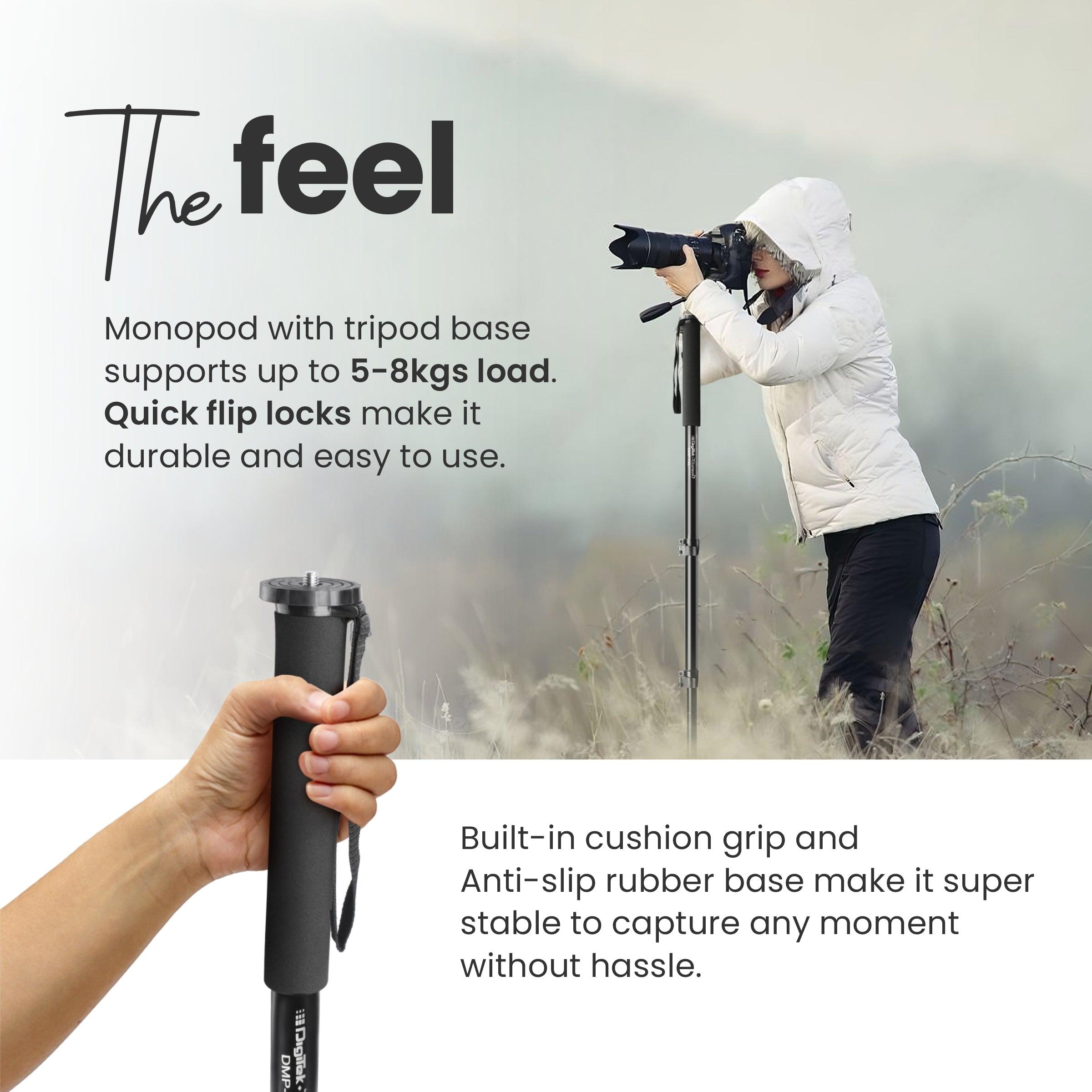 Digitek (DMP 75L) Lightweight Aluminum Telescopic Camera Monopod with Tripod Base for DSLR Video Cameras Maximum Operating Height: 1700MM. Maximum Load Upto: 8 kgs - Digitek