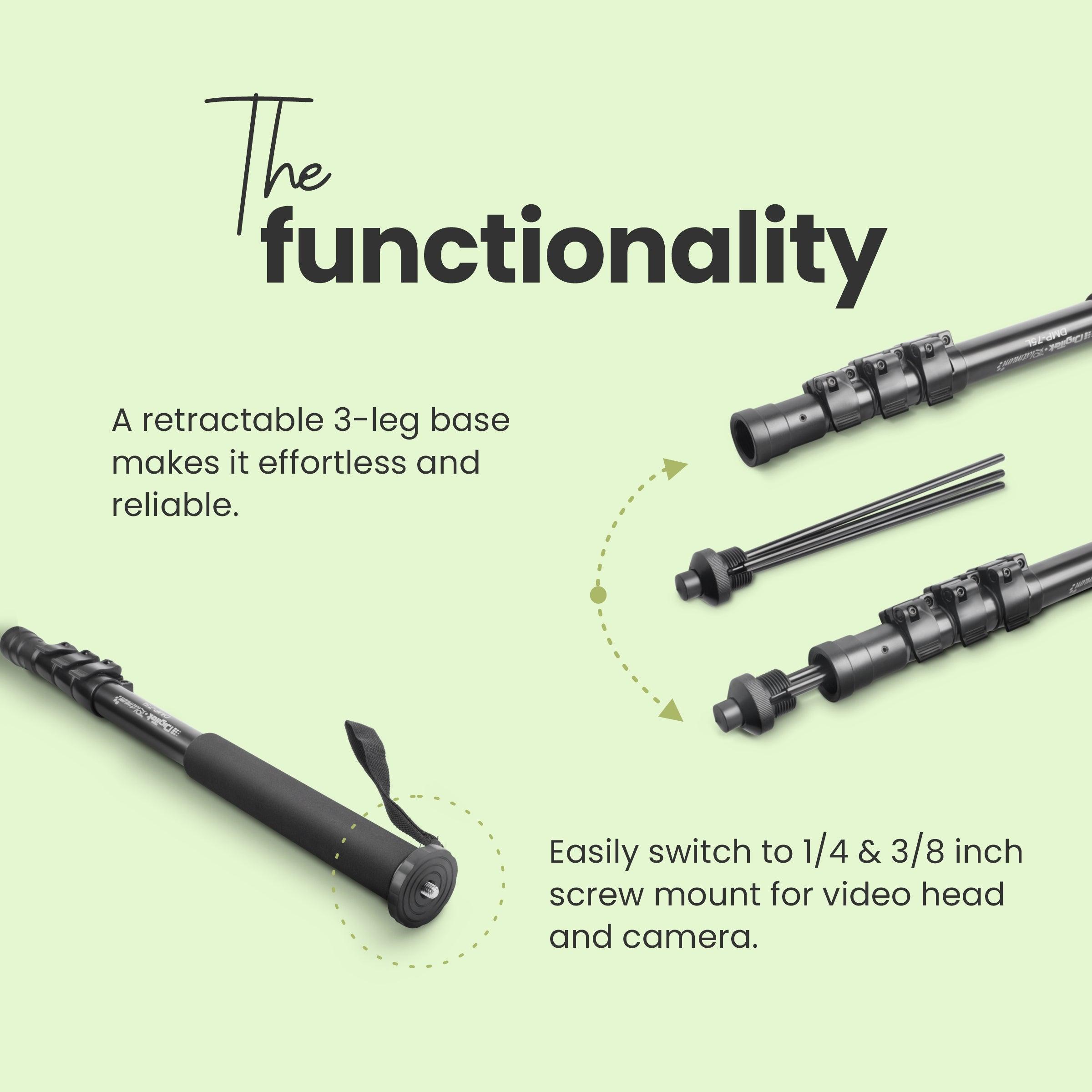 Digitek (DMP 75L) Lightweight Aluminum Telescopic Camera Monopod with Tripod Base for DSLR Video Cameras Maximum Operating Height: 1700MM. Maximum Load Upto: 8 kgs - Digitek