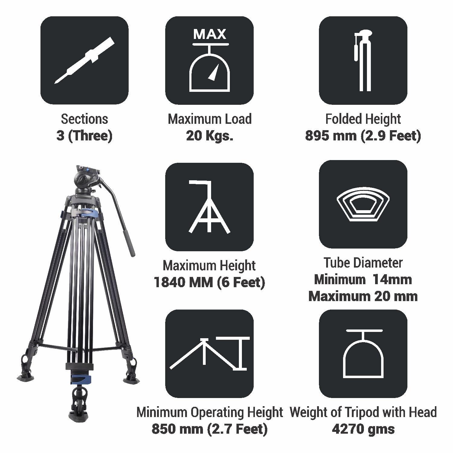 Digitek (DPTR-7060VD) Platinum Heavy Duty Video Tripod Maximum Operating Height: 1849 mm, Max Load Upto: 20 kgs - Digitek