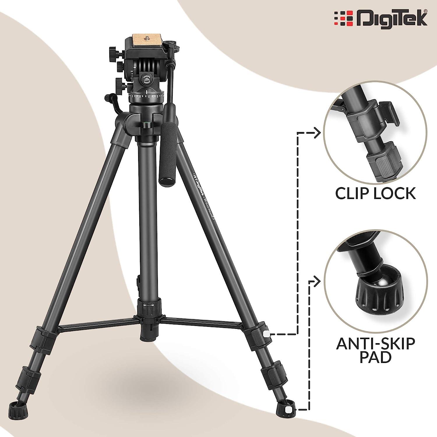 Digitek (DPTR 880 PRO) (165 cm) Platinum Aluminum Light Weight Tripod, with Fluid Video Head, for DSLR & Video Cameras, Maximum Operating Height: 5.90 Feet, Maximum Load : 6 kgs (Black) - Digitek