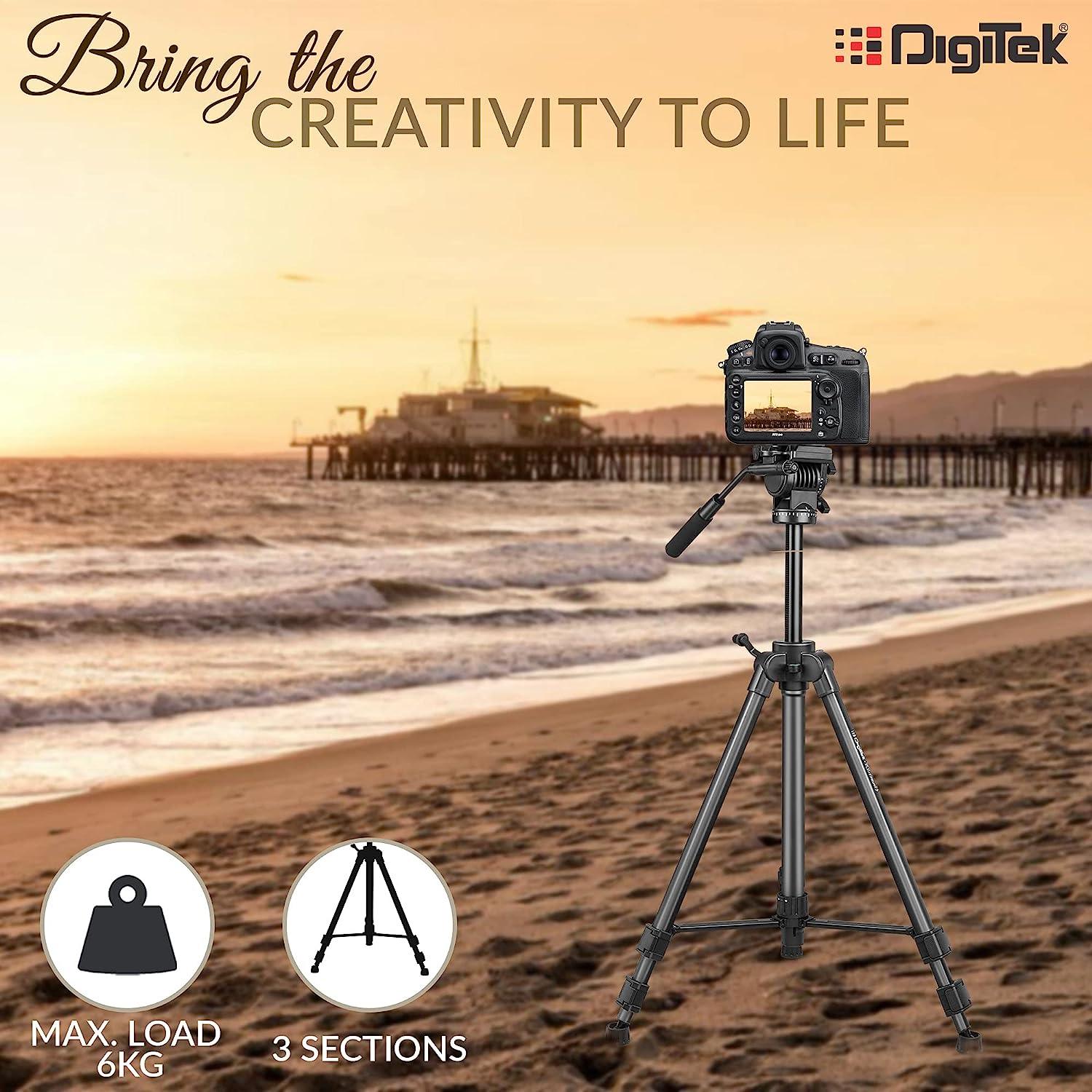 Digitek (DPTR 880 PRO) (165 cm) Platinum Aluminum Light Weight Tripod, with Fluid Video Head, for DSLR & Video Cameras, Maximum Operating Height: 5.90 Feet, Maximum Load : 6 kgs (Black) - Digitek