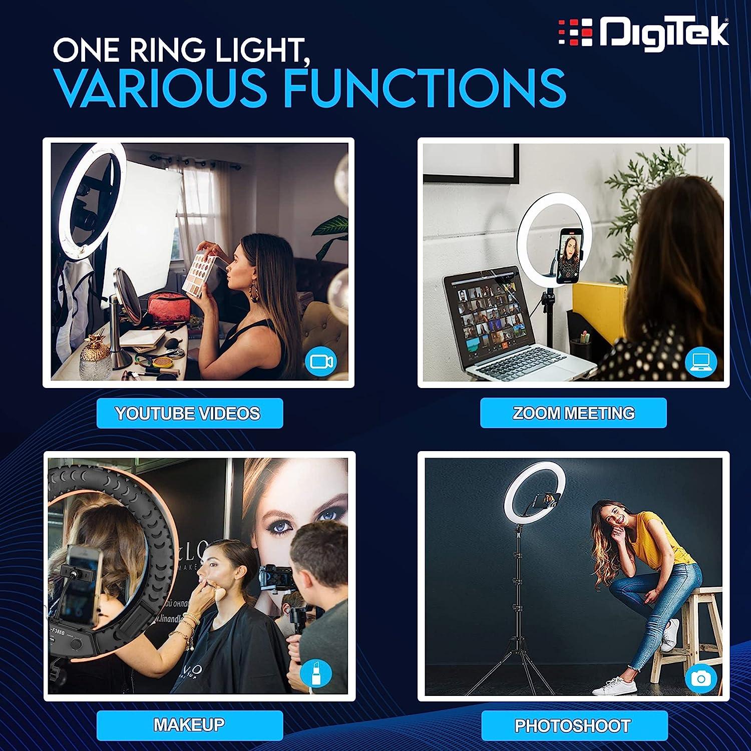 digitek drl 19 professional big led ring light with remote and 2 color modes dimmable lighting for youtube photo shoot video shoot live stream makeup and vlogging compatible with iphone android phones 33787326267625