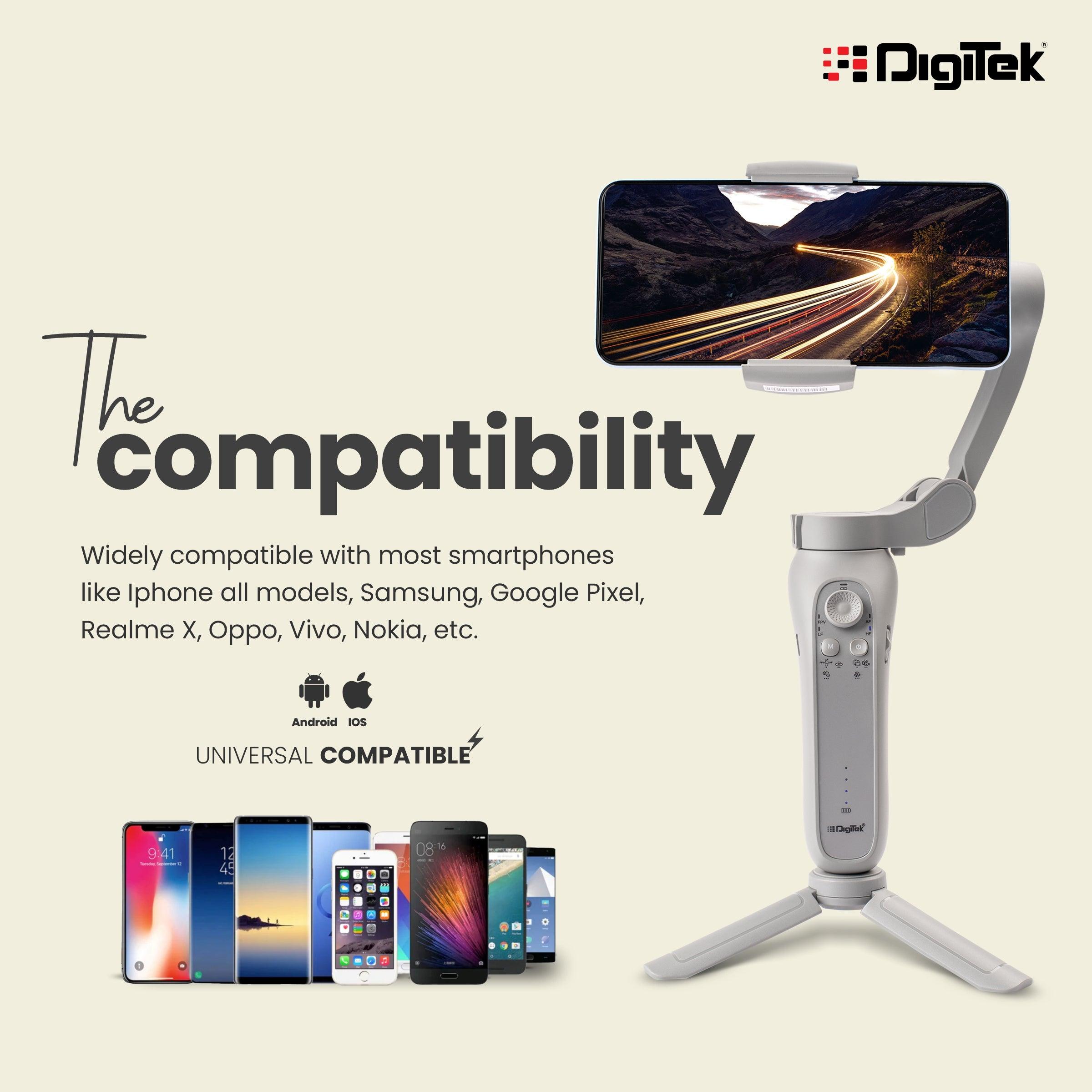 Digitek (DSG 007F) 3 Axis Handheld Steady Gimbal PTZ Camera Mount for All Smart Phones with Face & Object Tracking Motion, Various Time Lapse Features - Digitek