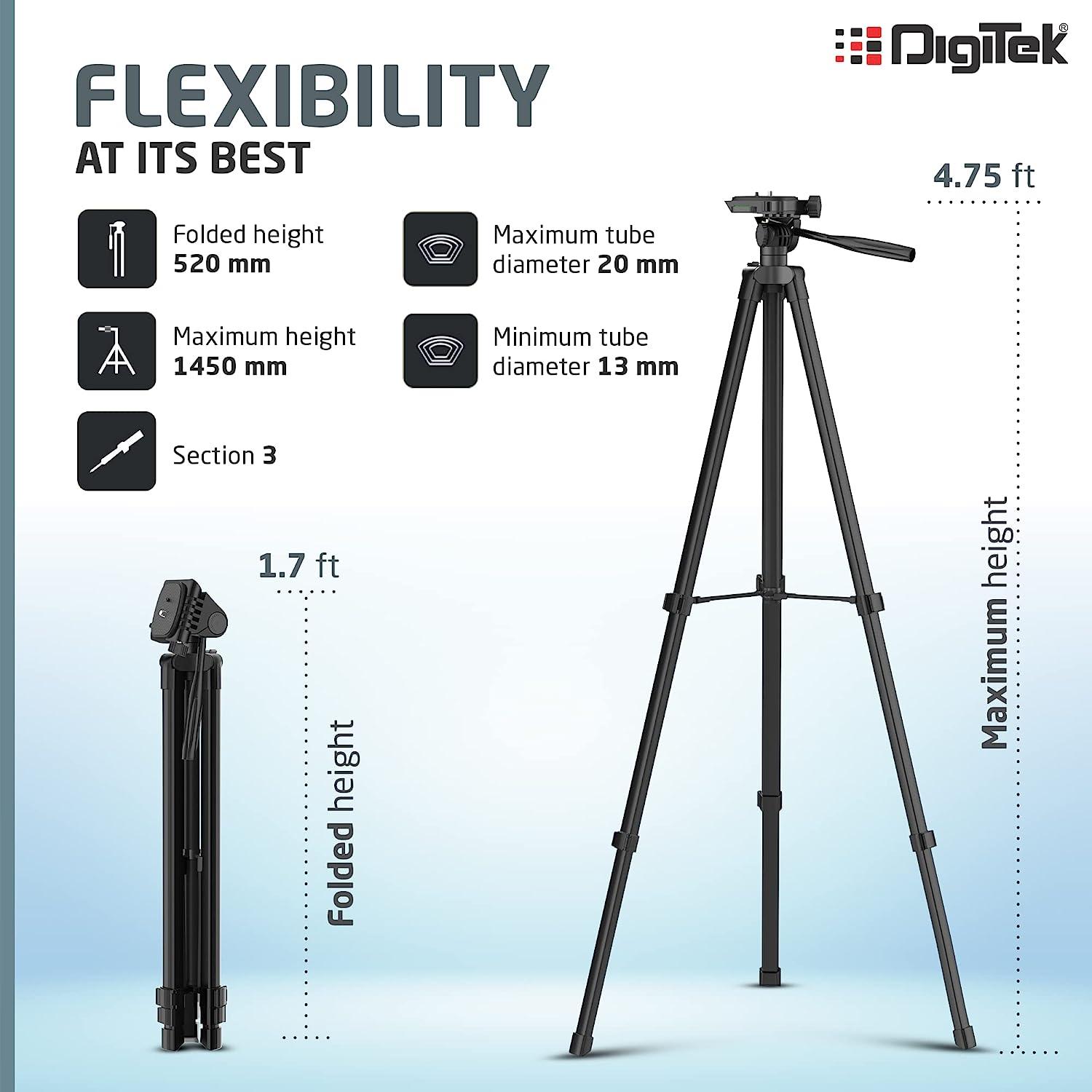 Digitek (DTR 480LW) (57 Inch) Portable Lightweight Aluminium Tripod For DSLR Cameras & Mobile With Carry Bag - Digitek