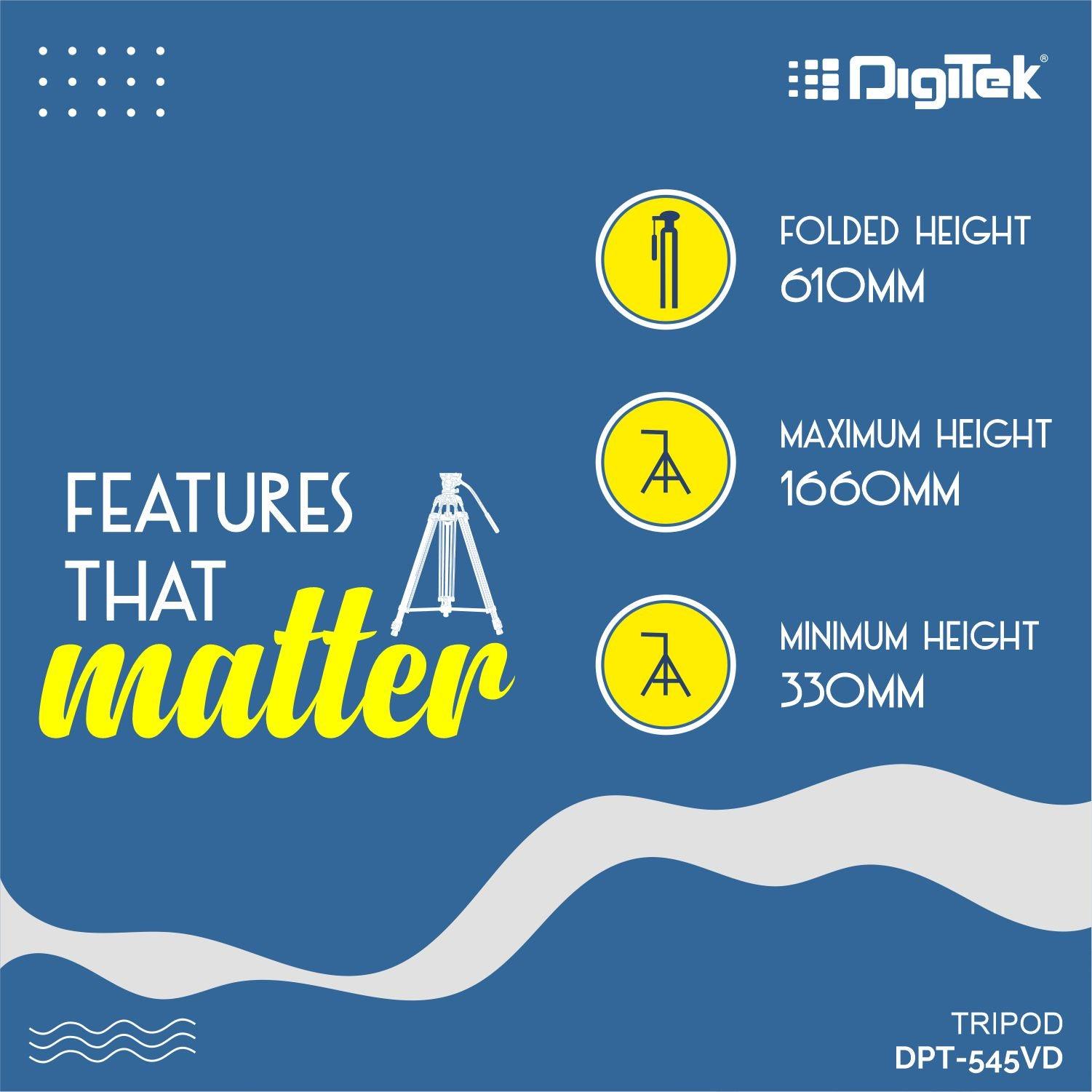 Digitek (DTR-545VD) Professional DV Tripod (65 Inch) Portable and Sturdy for DV Camera. Maximum Load up to 8Kgs. - Digitek