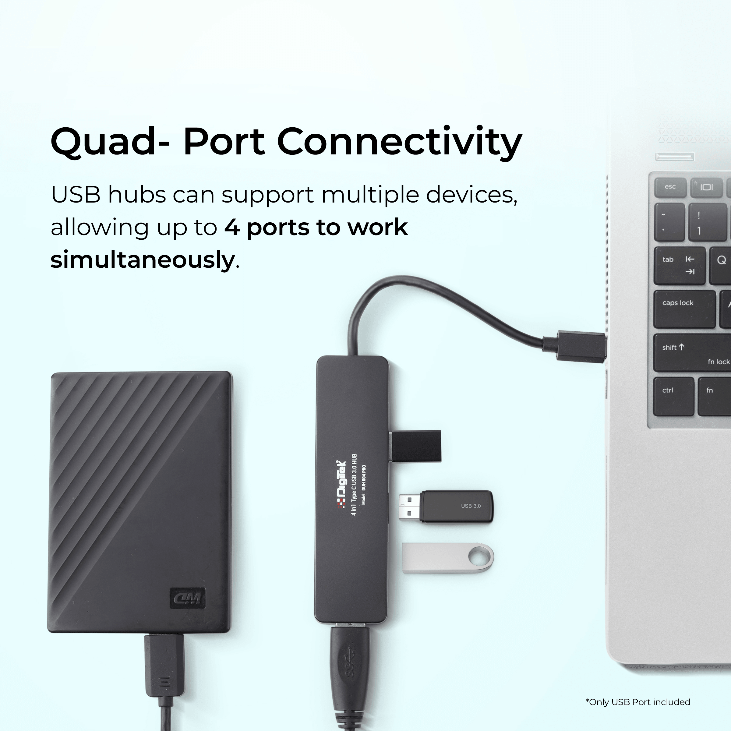 Digitek (DUH 004 PRO) Aluminum USB C Hub with 4 USB Ports, High Speed, Compatible with MacBook, Windows, C-Type Smartphones and Other Type-C Devices - Digitek