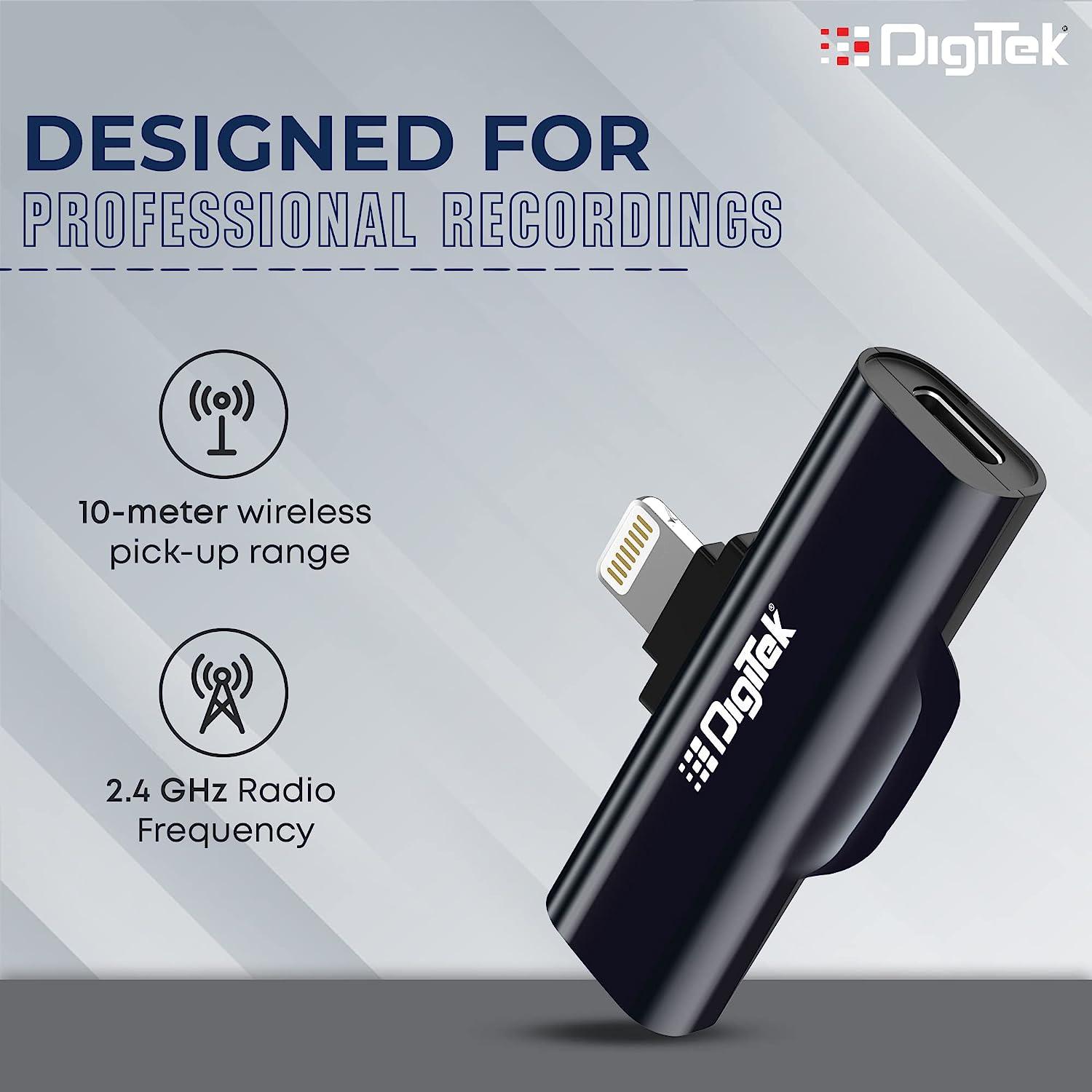 Digitek (DWM-002) Wireless Microphone & Receiver with 8-pin Connector for Noise Cancellation, Fast Charging, Suitable for YouTube Vlog, Live Streaming, Video Shooting & More - Digitek