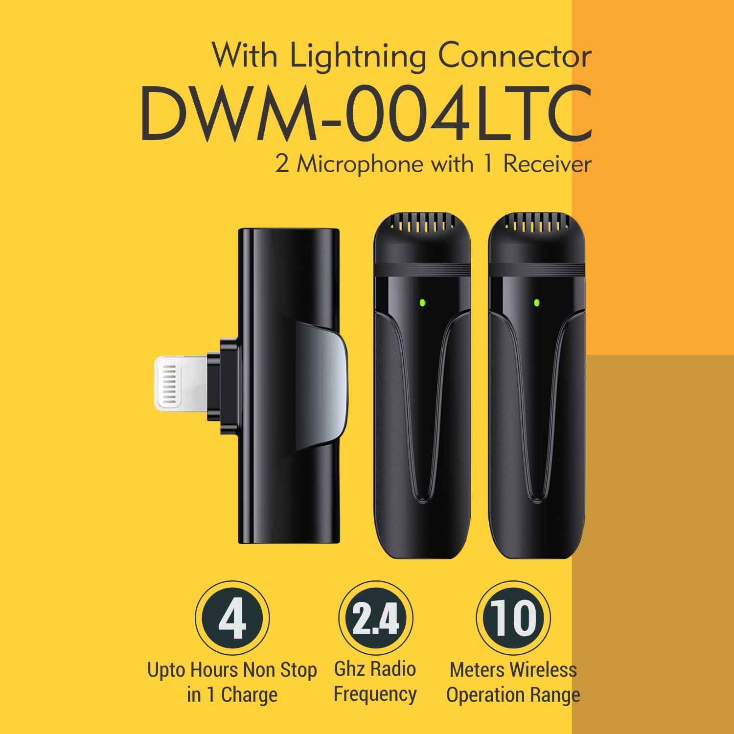 Digitek (DWM-004) 2 nos of Noise Calcelling Wireless Microphone & one Receiver with 8-pin Connector, Fast Charging, Suitable for YouTube Vlog, Live Streaming, Video Shooting & More - Digitek