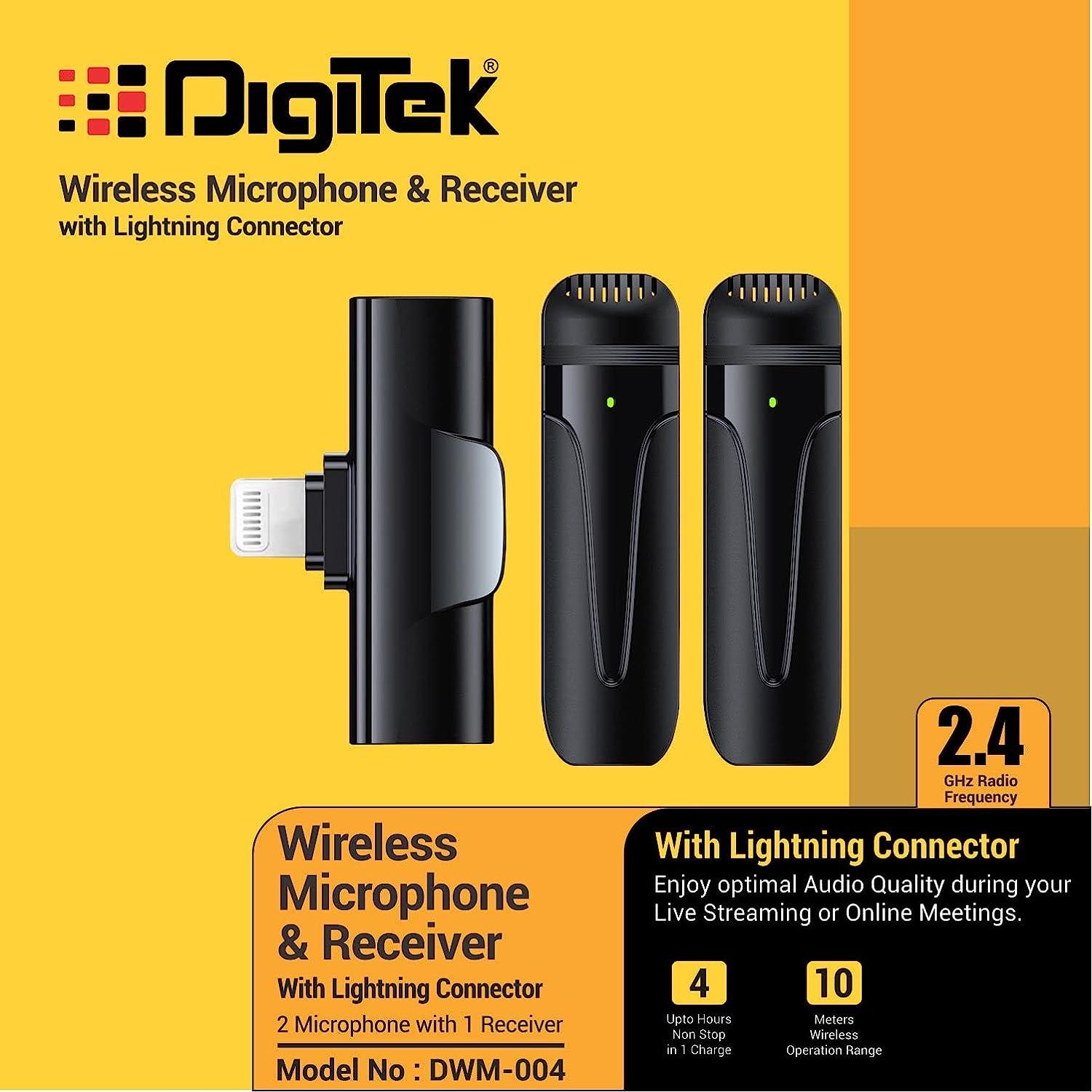 Digitek (DWM-004) 2 nos of Noise Calcelling Wireless Microphone & one Receiver with 8-pin Connector, Fast Charging, Suitable for YouTube Vlog, Live Streaming, Video Shooting & More - Digitek