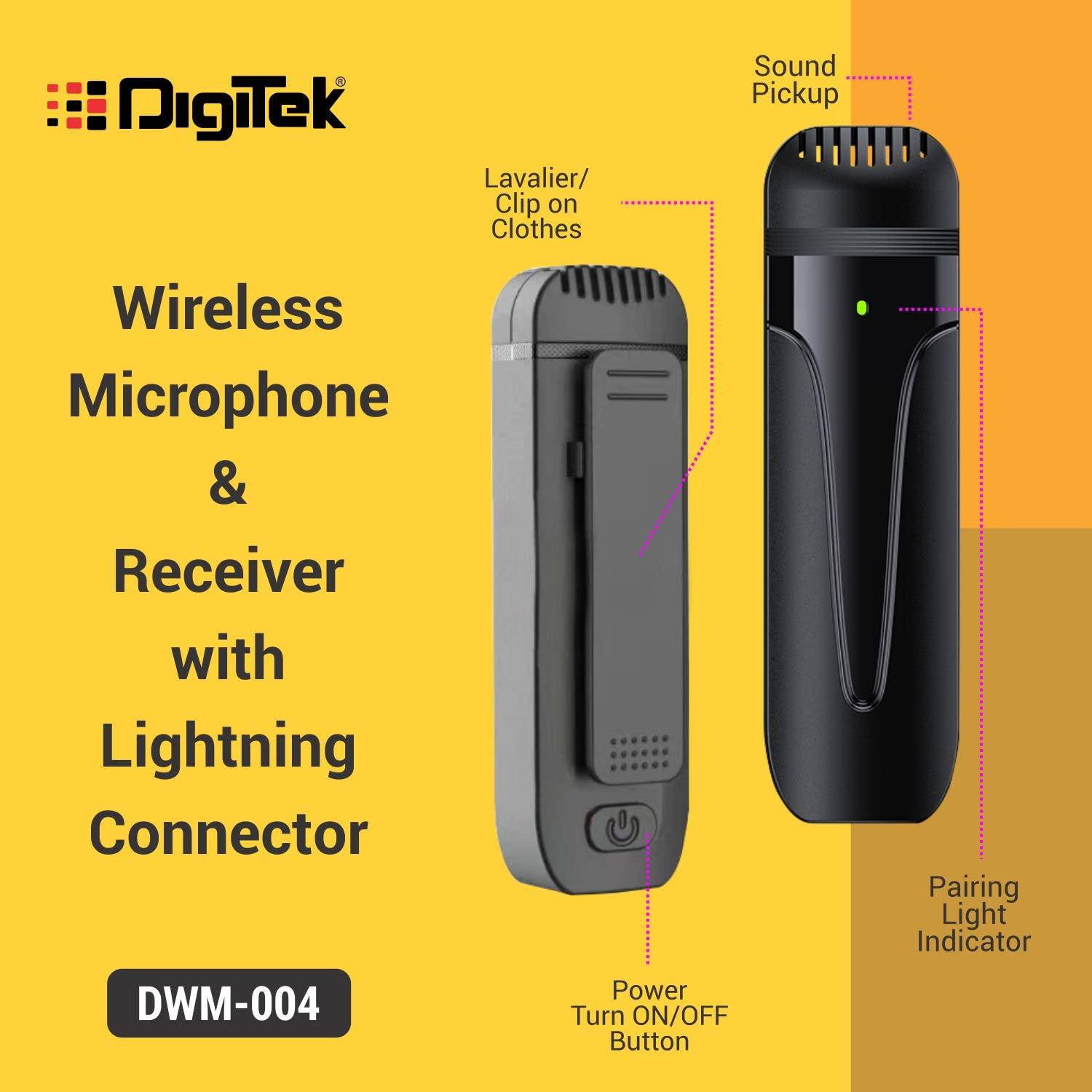 Digitek (DWM-004) 2 nos of Noise Calcelling Wireless Microphone & one Receiver with 8-pin Connector, Fast Charging, Suitable for YouTube Vlog, Live Streaming, Video Shooting & More - Digitek